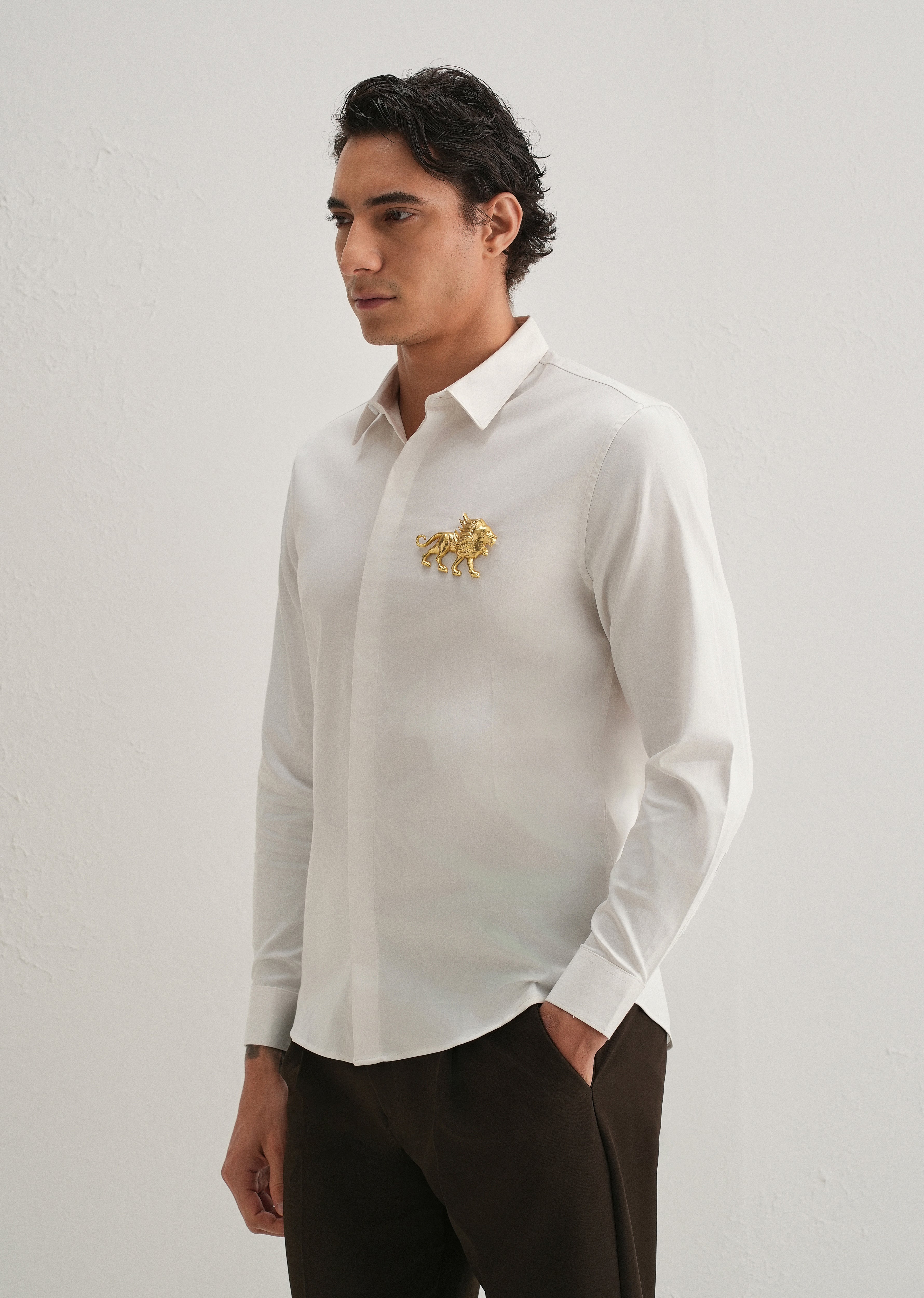 Golden Lion Brooch White Designer Shirt