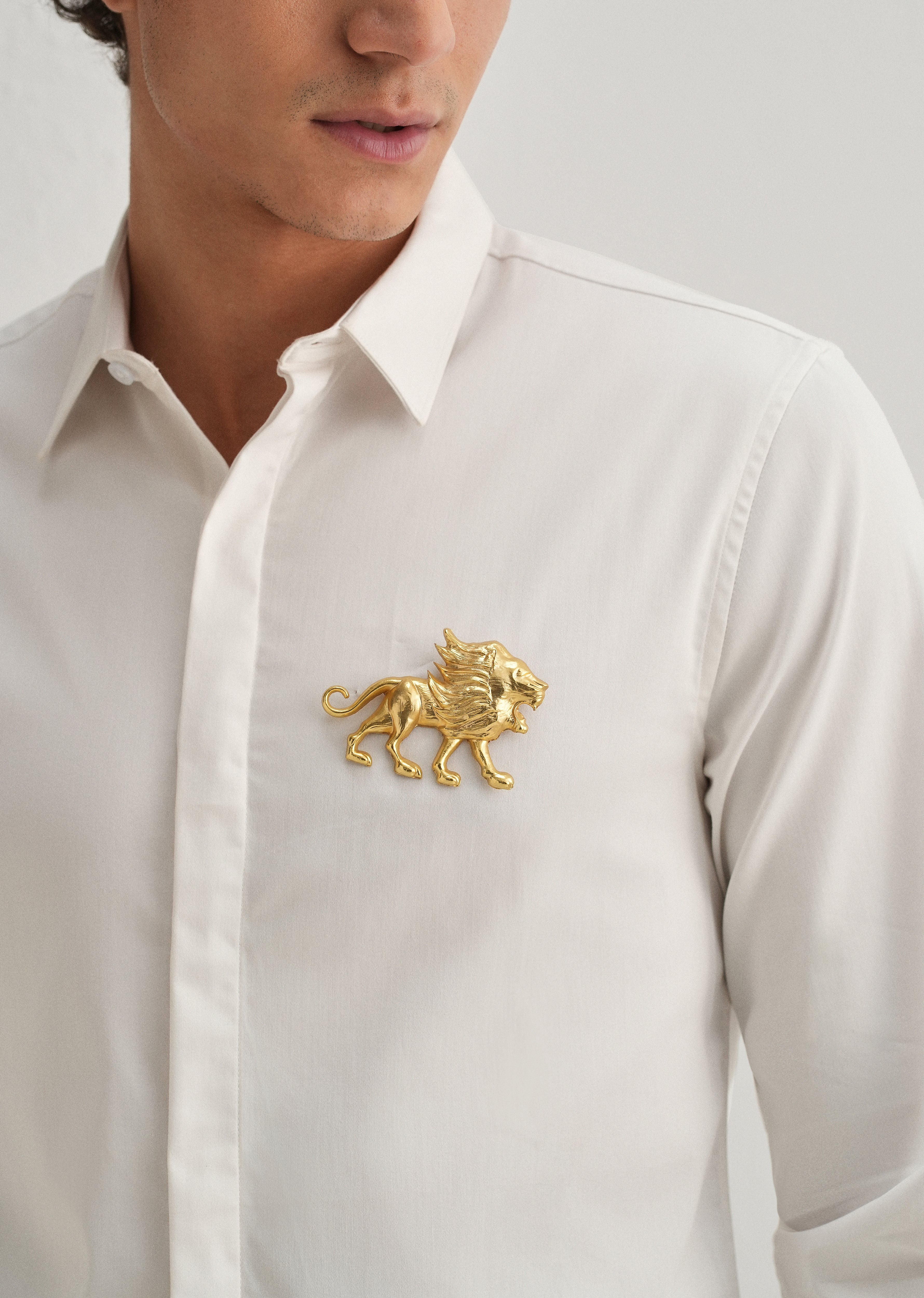Golden Lion Brooch White Designer Shirt