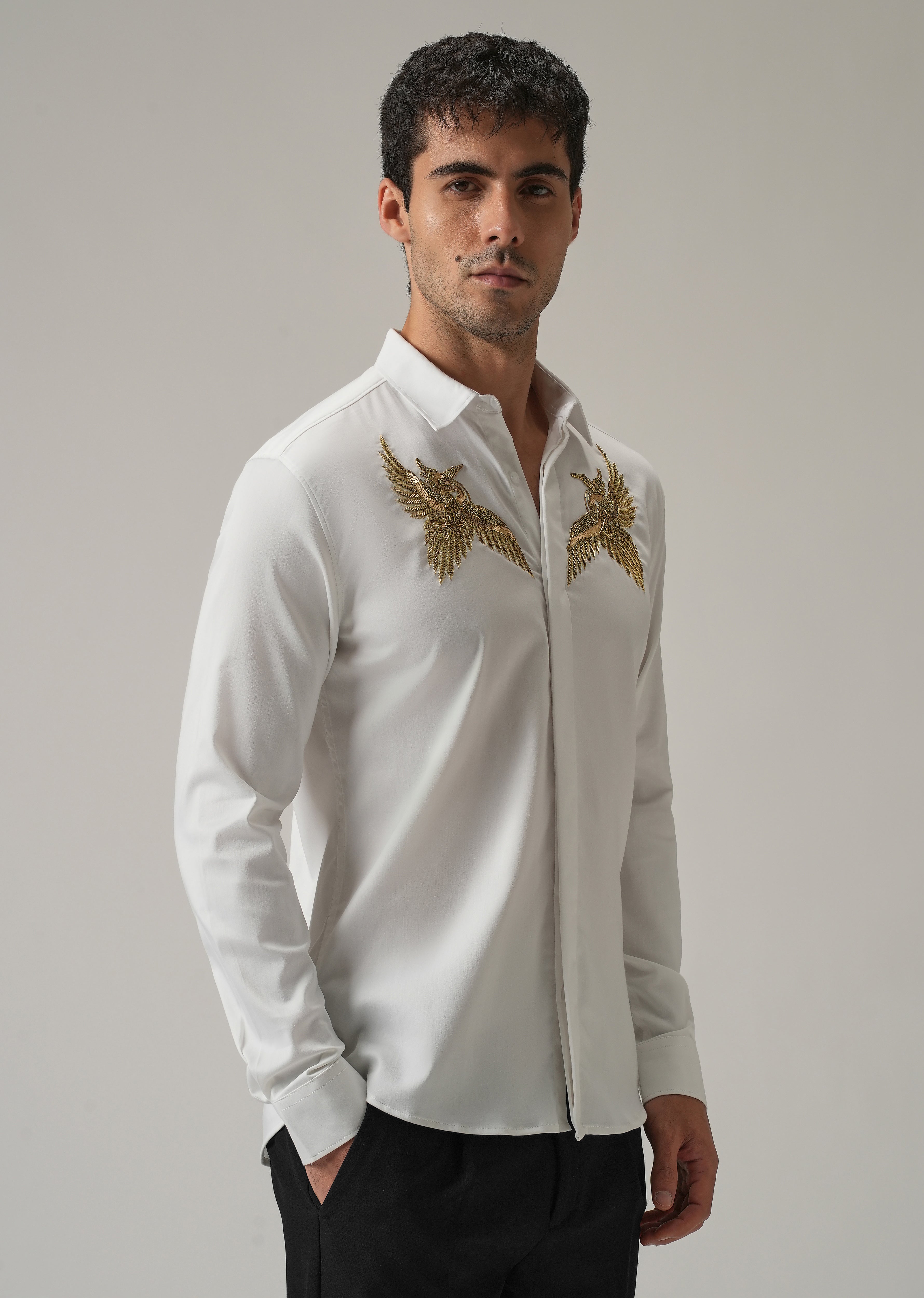 Golden Wing Handwork White Designer Shirt