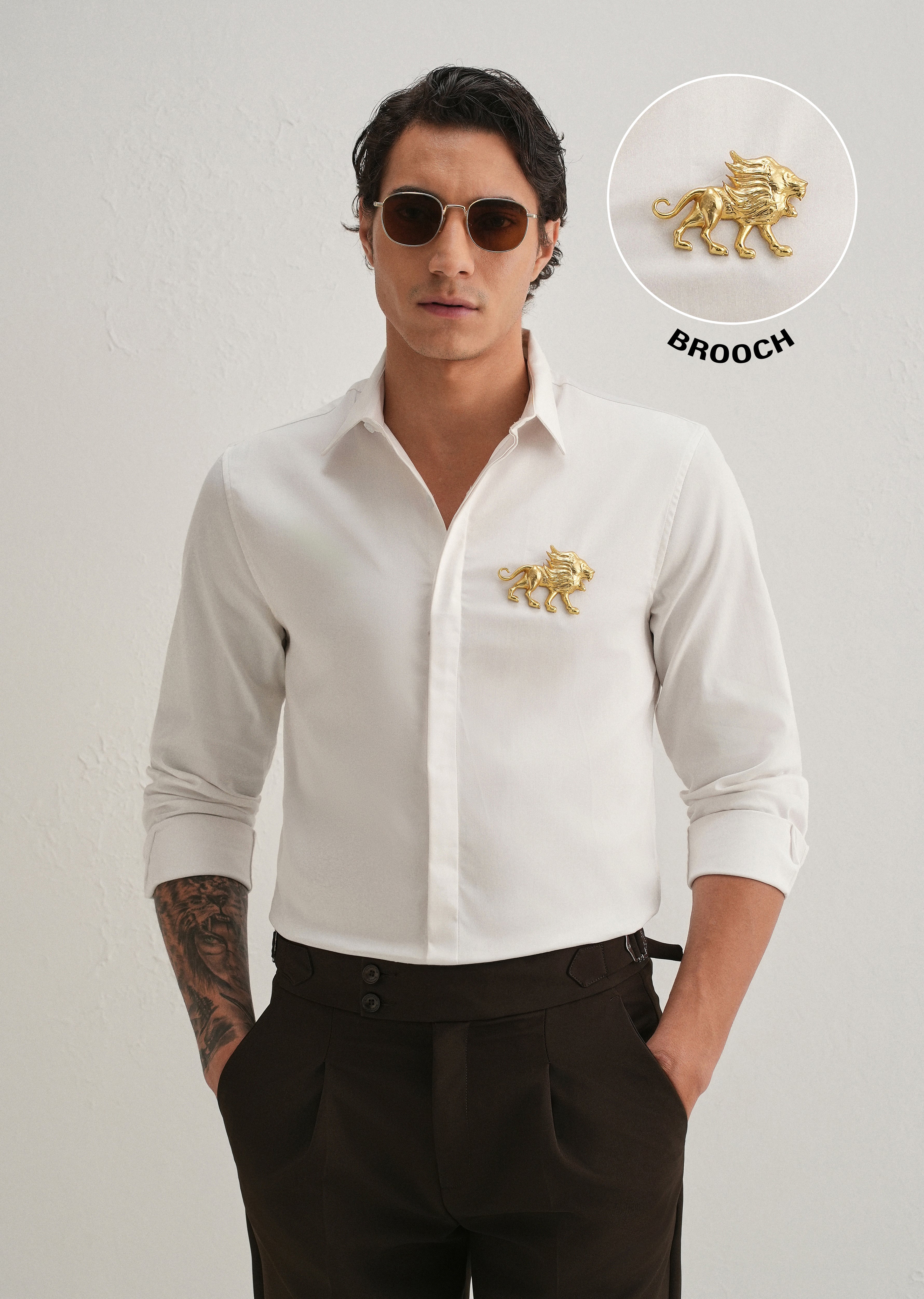 Golden Lion Brooch White Designer Shirt