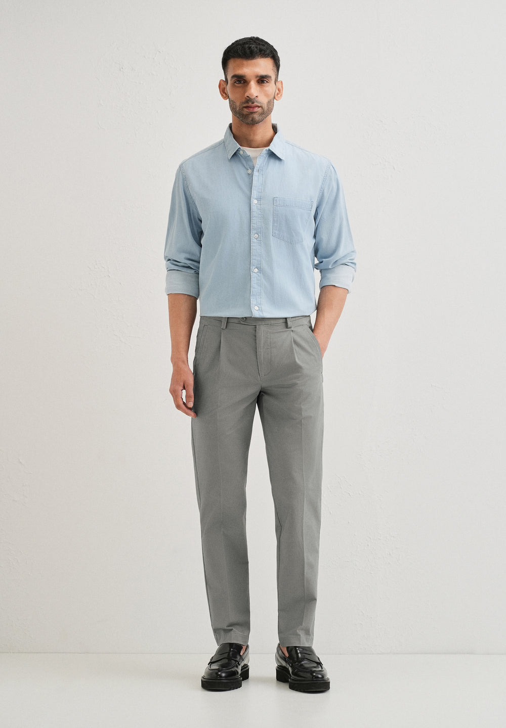 Graphite Grey Plain Pleated Chinos