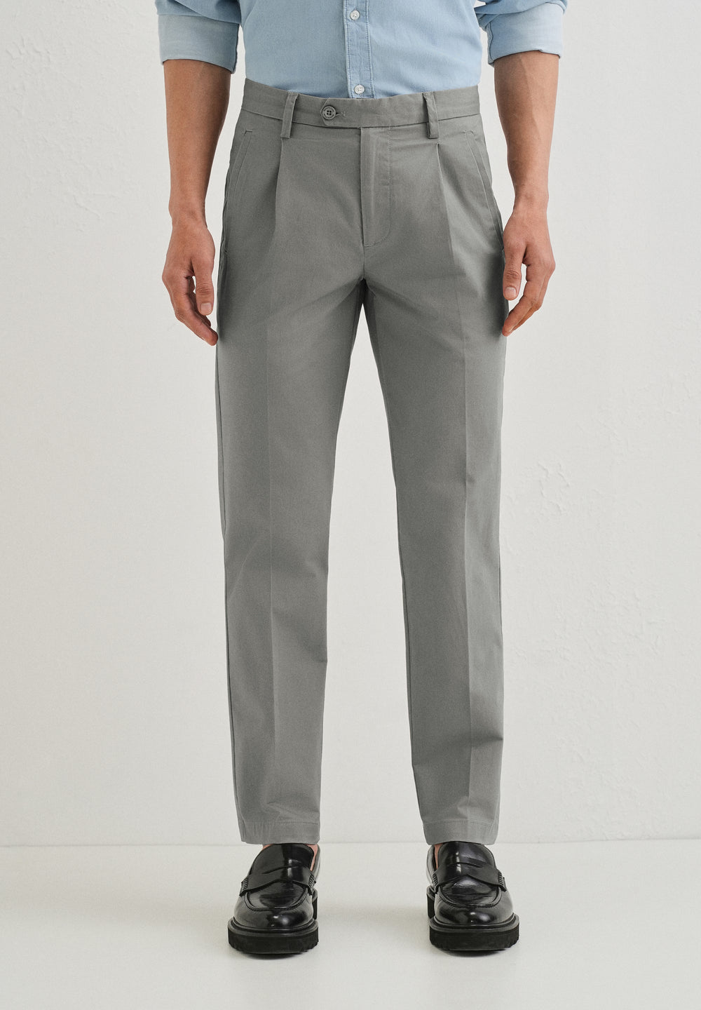 Graphite Grey Plain Pleated Chinos