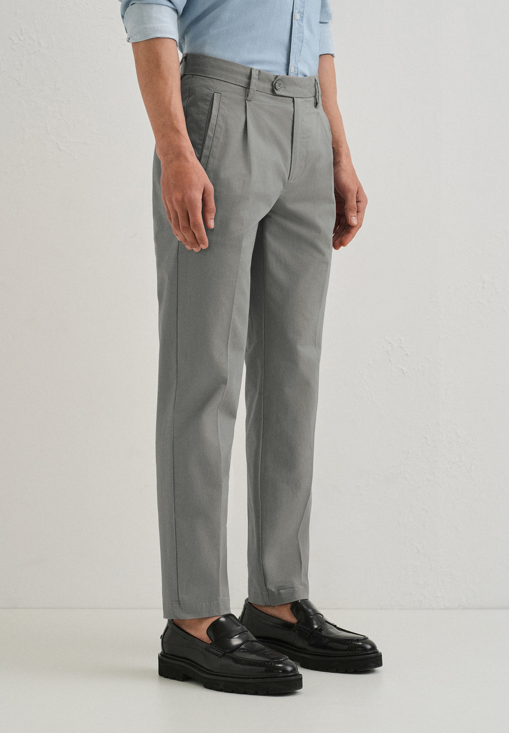 Graphite Grey Plain Pleated Chinos