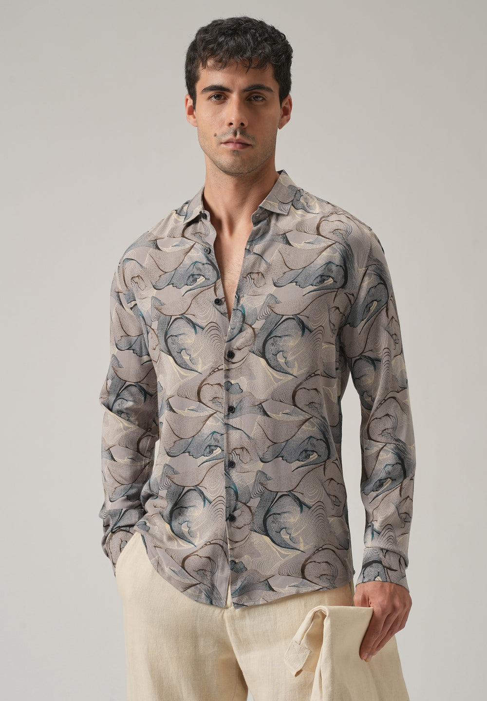 Gray Blue Lines Print Feather Shirt