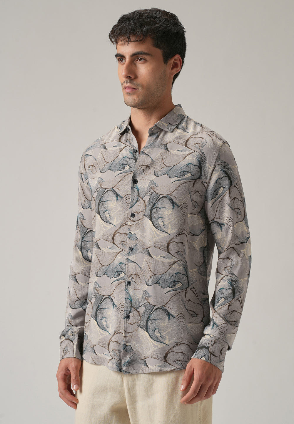 Gray Blue Lines Print Feather Shirt