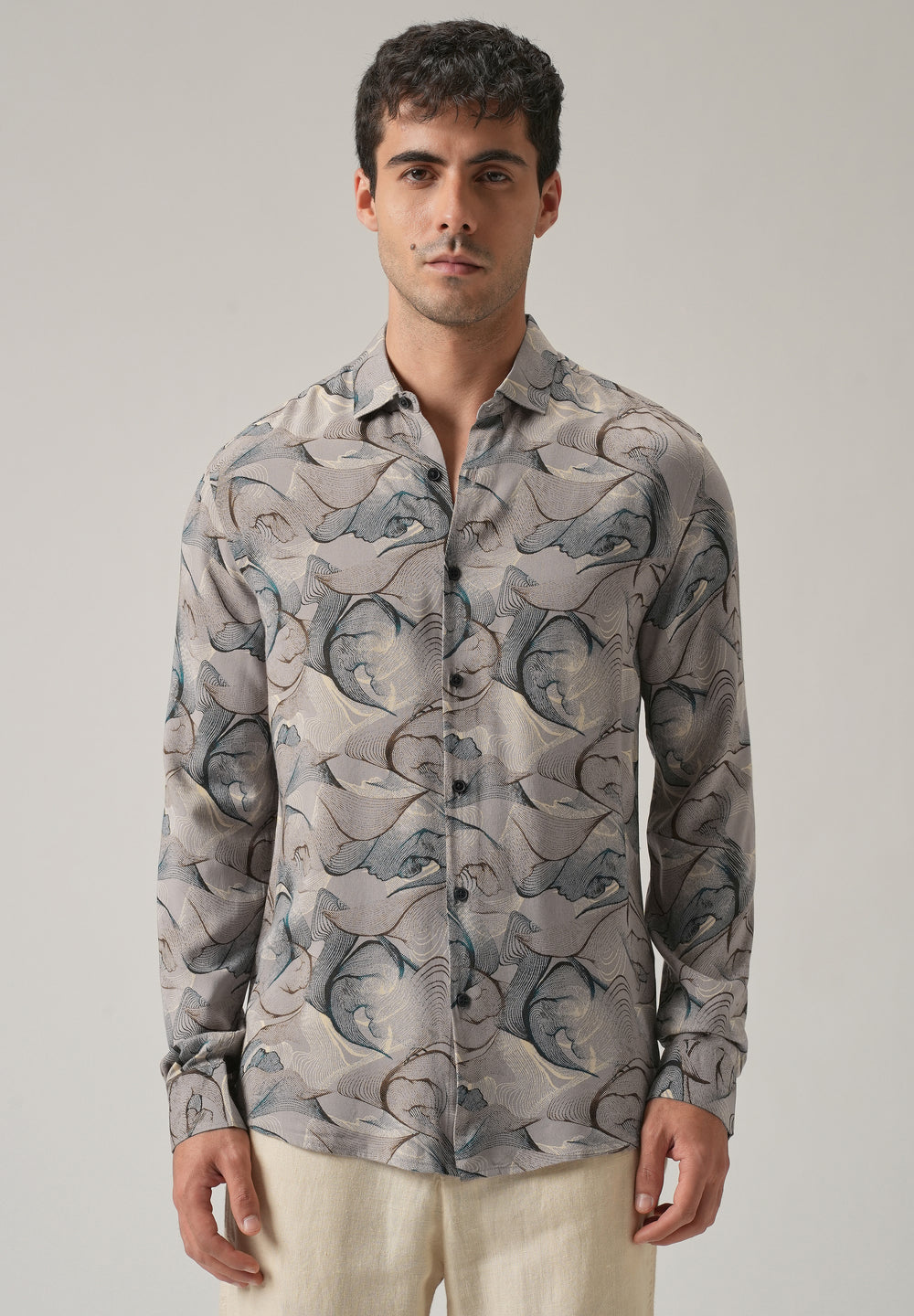 Gray Blue Lines Print Feather Shirt