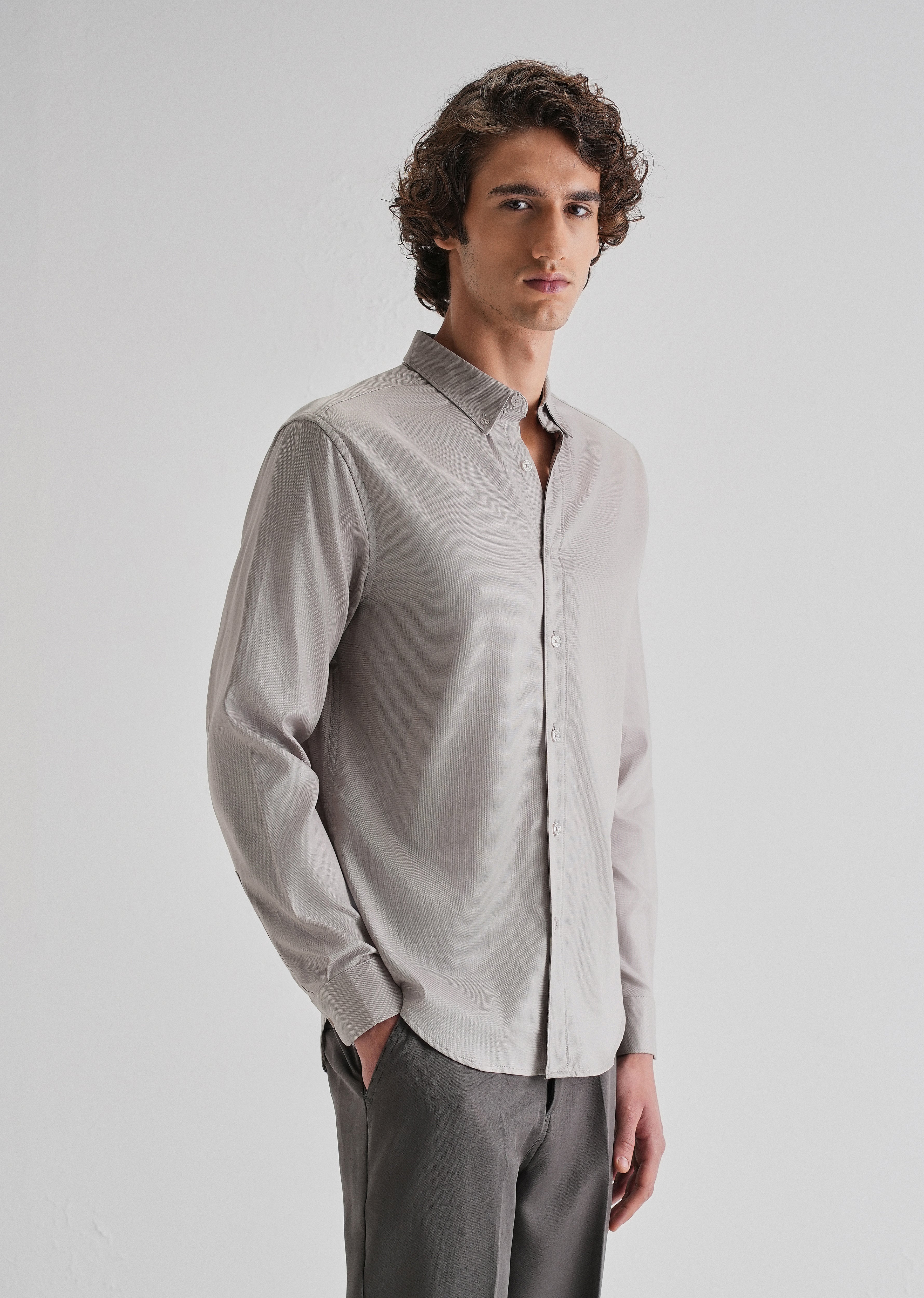 Gray Plain Blended Cotton Regular Fit Shirt