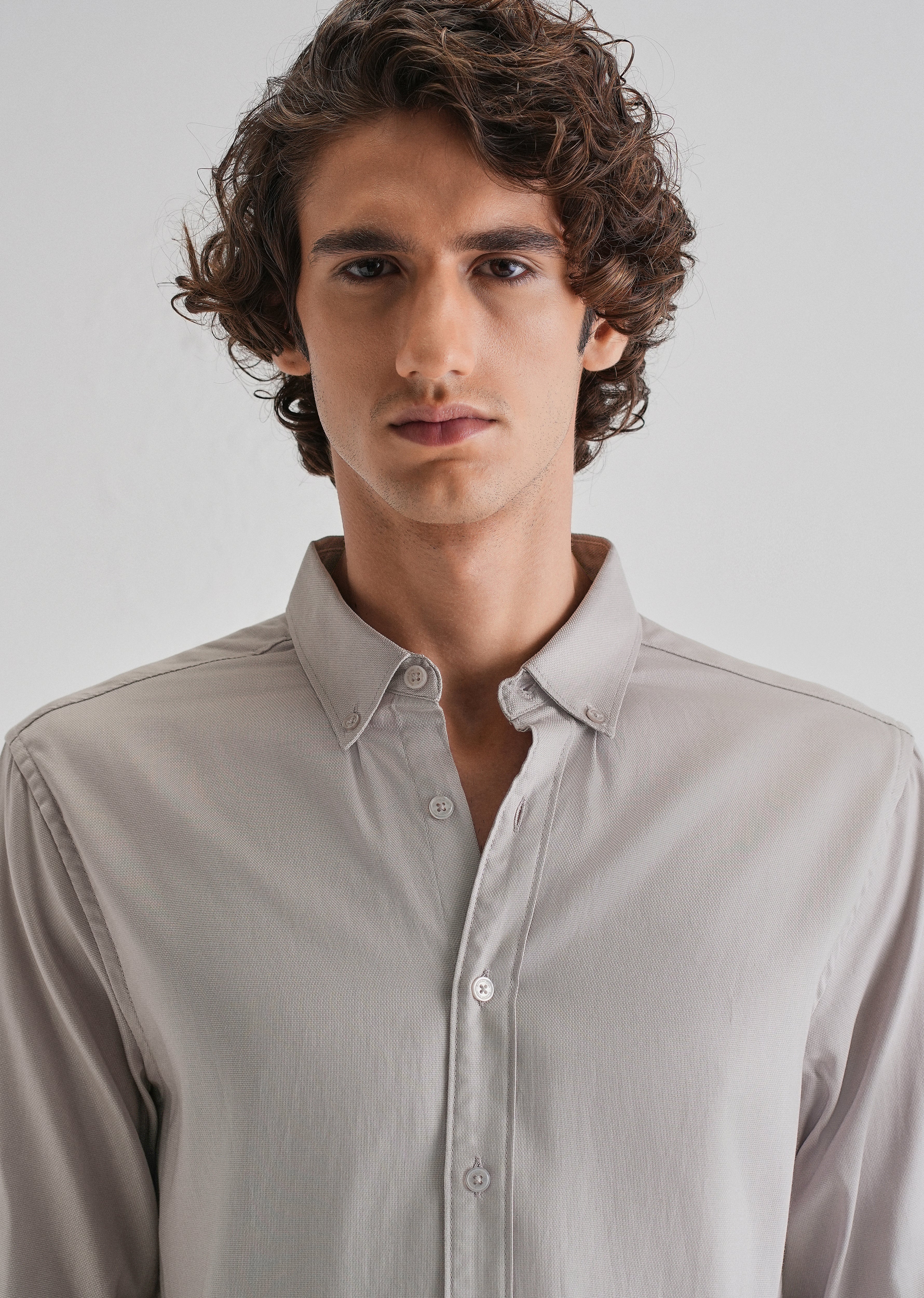 Gray Plain Blended Cotton Regular Fit Shirt
