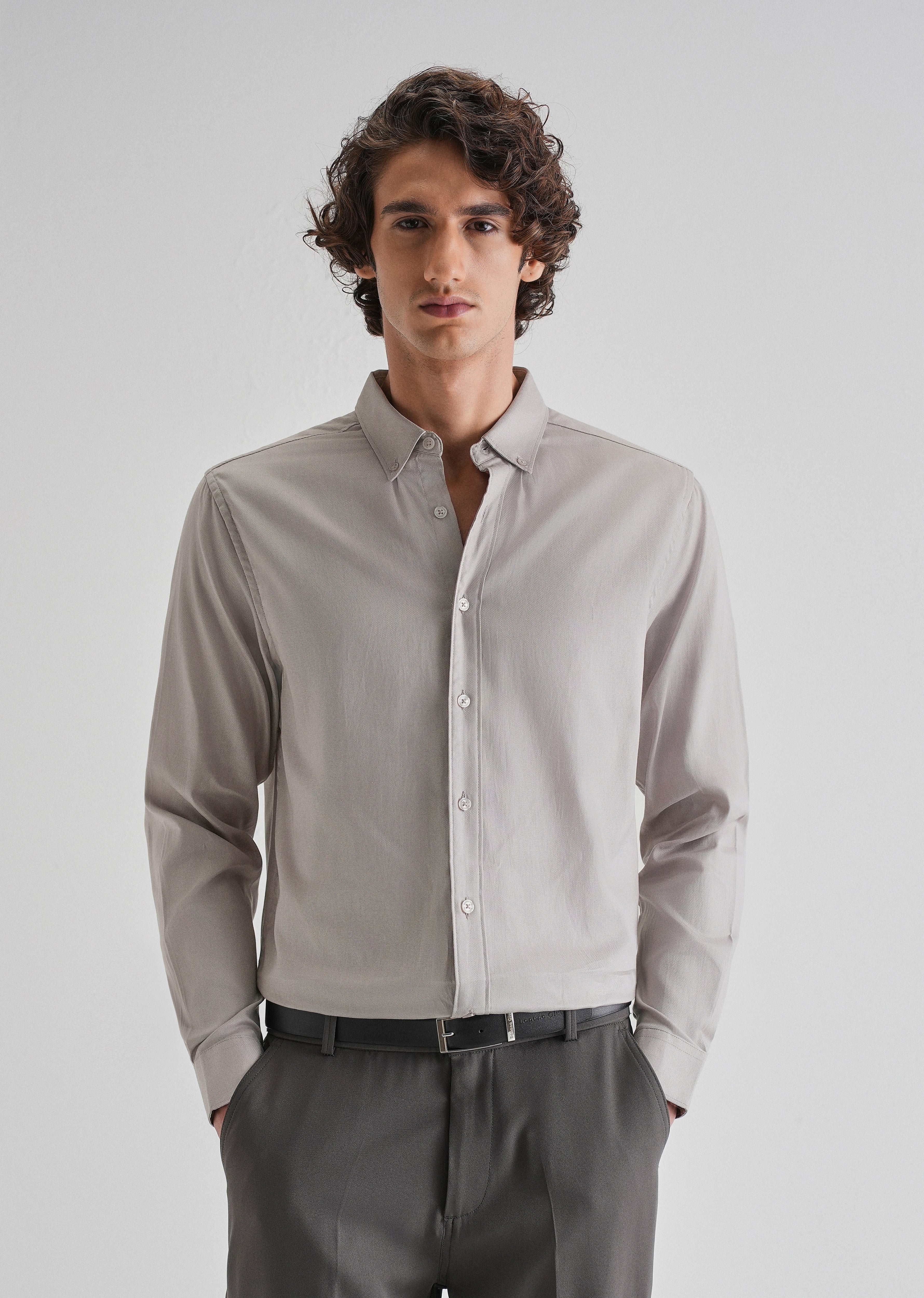 Gray Plain Blended Cotton Regular Fit Shirt