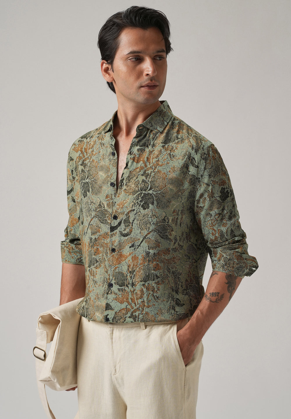 Green Abstract Distress Print Feather Shirt