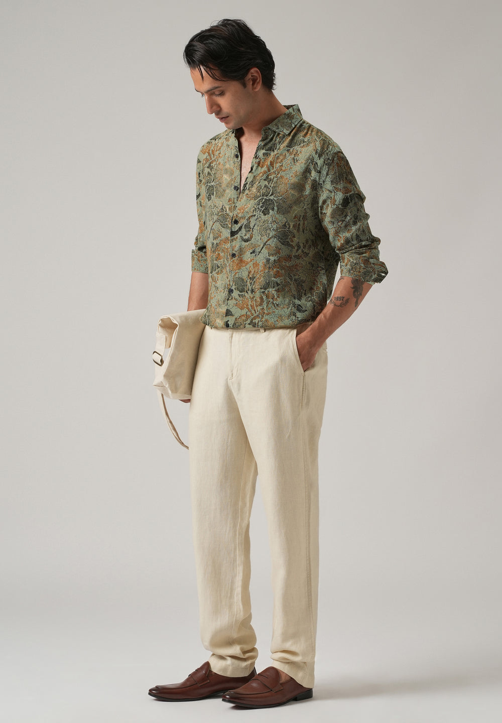 Green Abstract Distress Print Feather Shirt