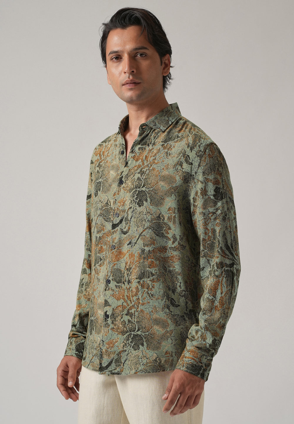 Green Abstract Distress Print Feather Shirt