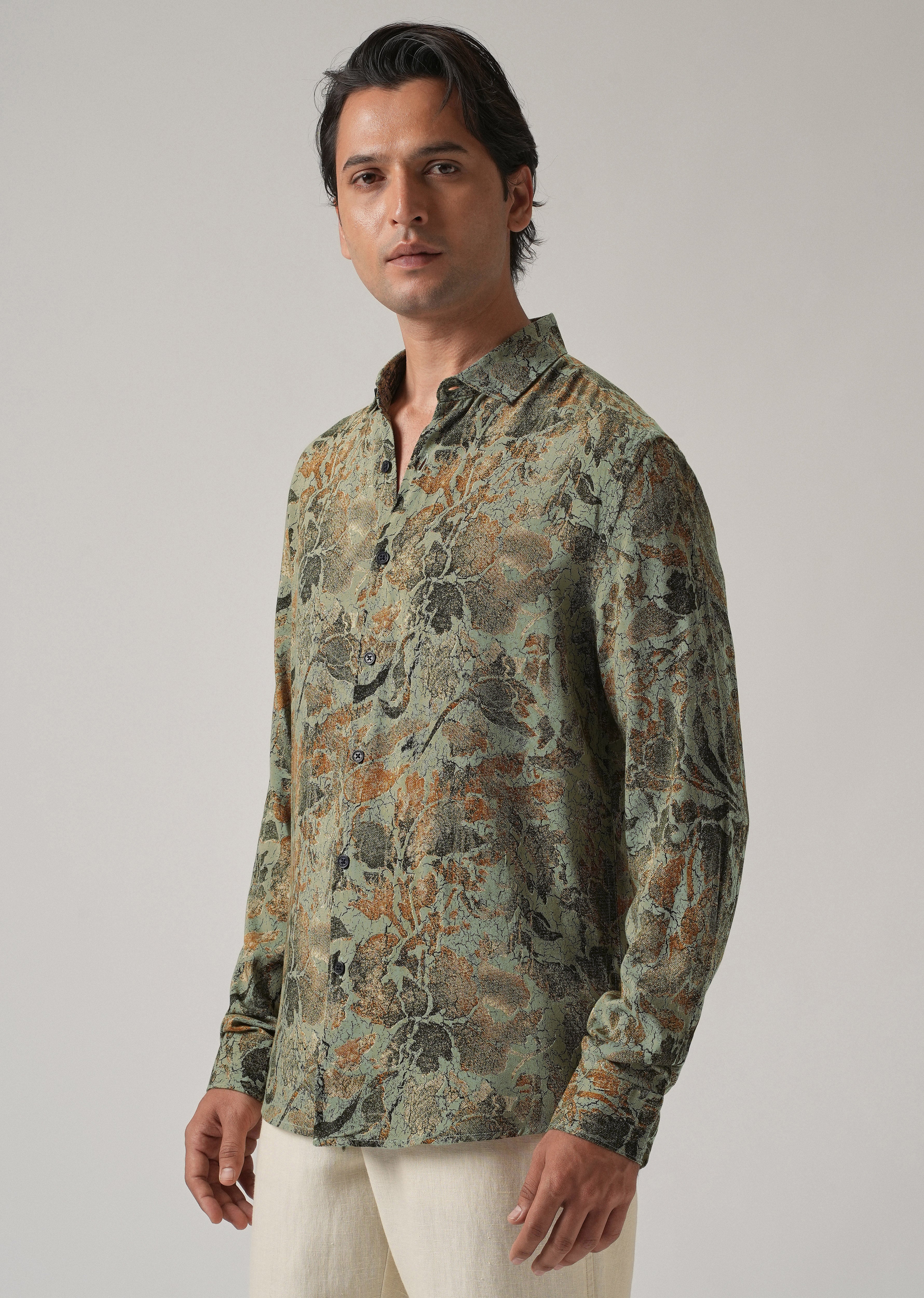 Green Abstract Distress Print Feather Shirt