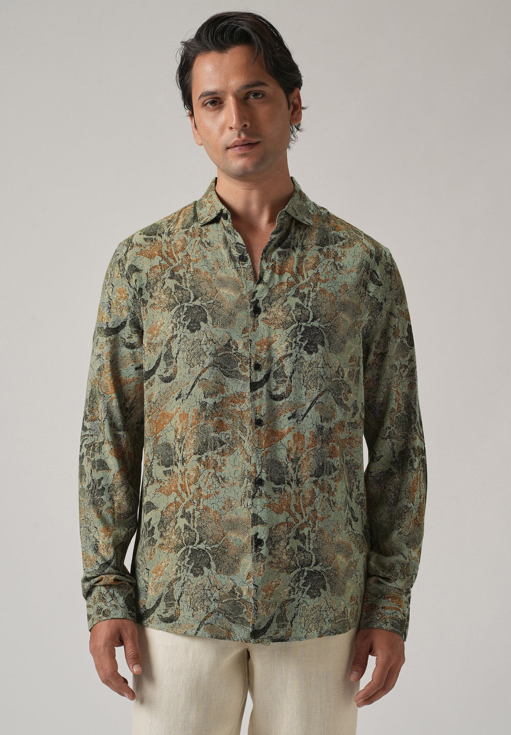 Green Abstract Distress Print Feather Shirt