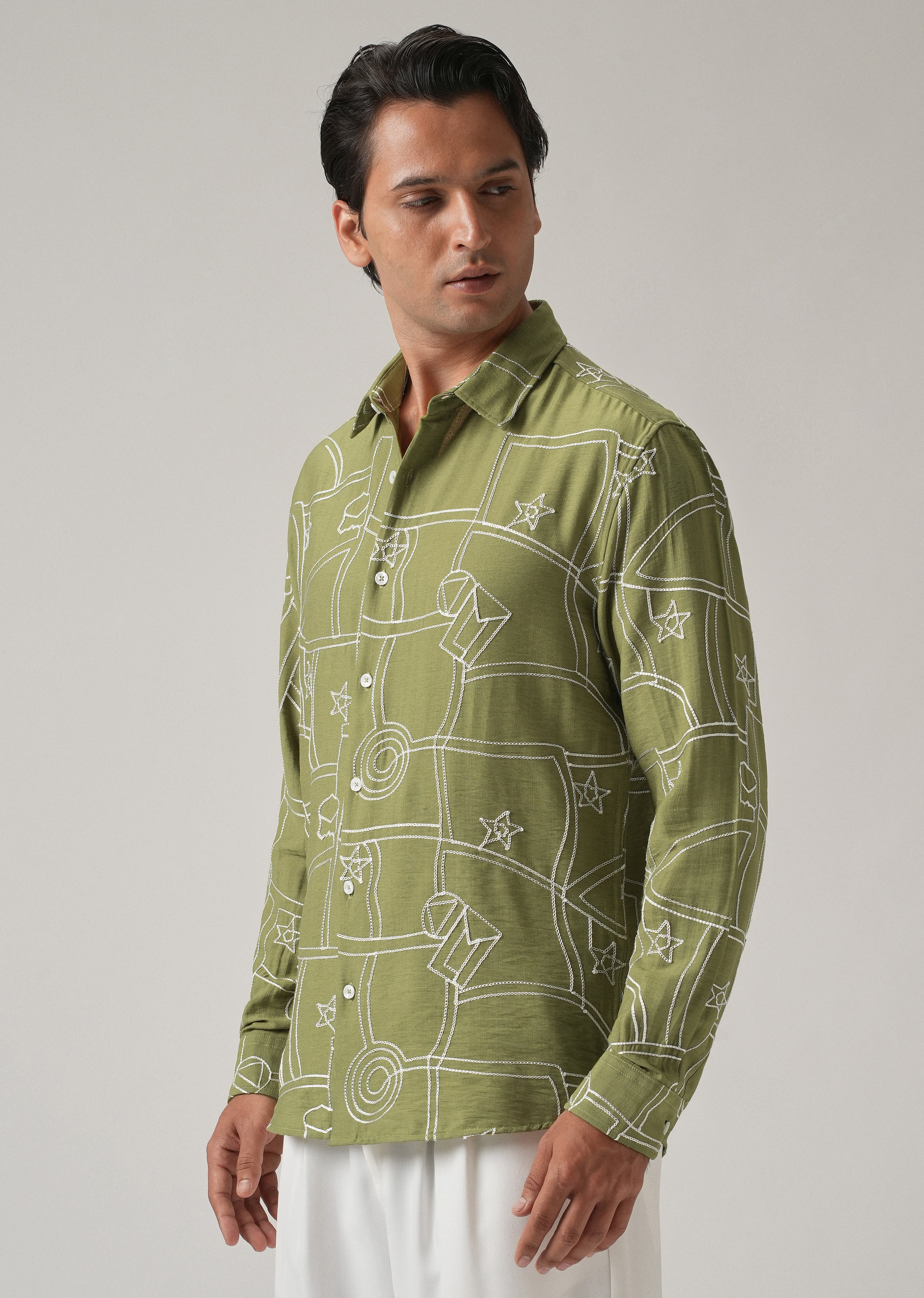 Green Abstract Embroidery Shirt