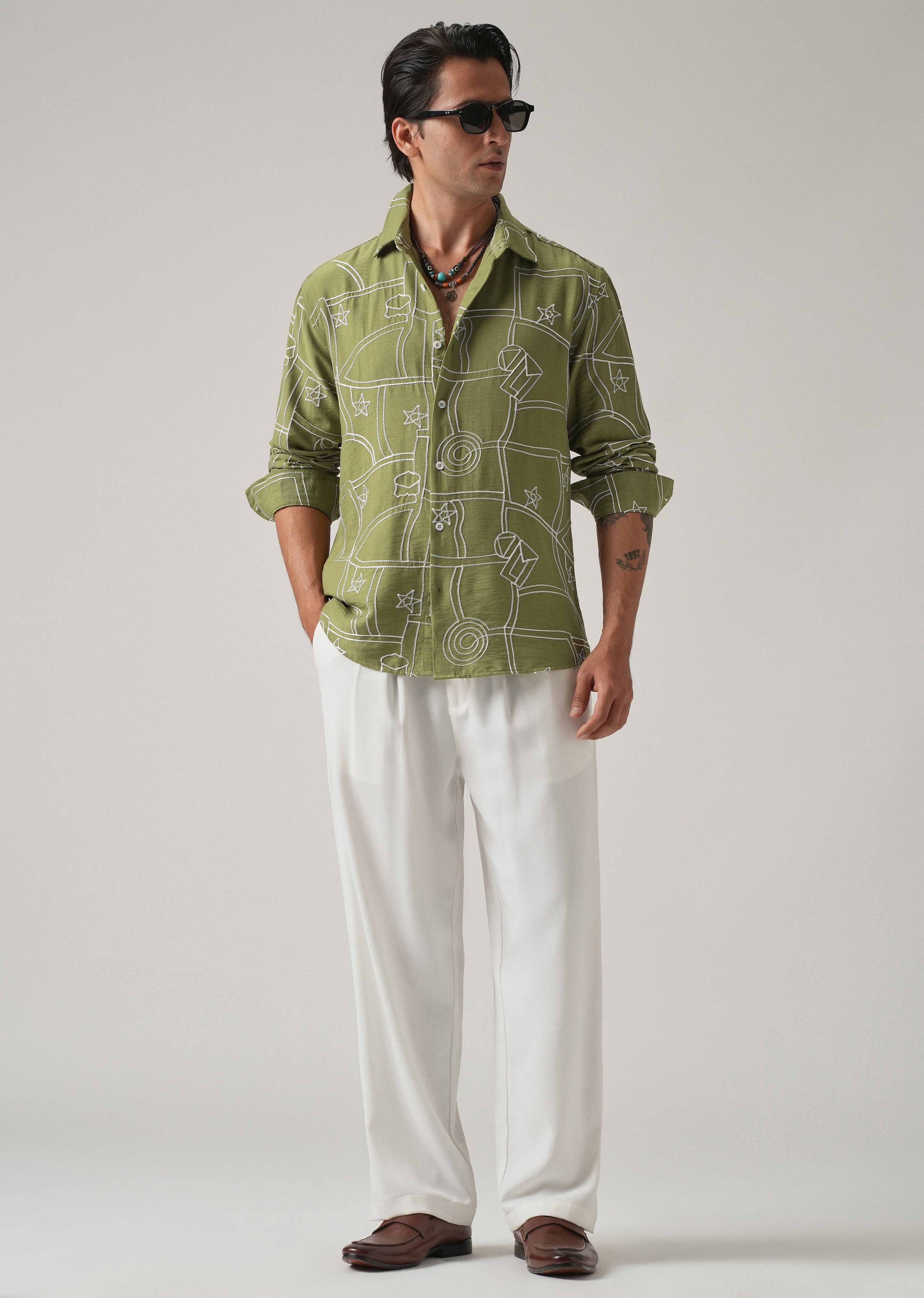 Green Abstract Embroidery Shirt
