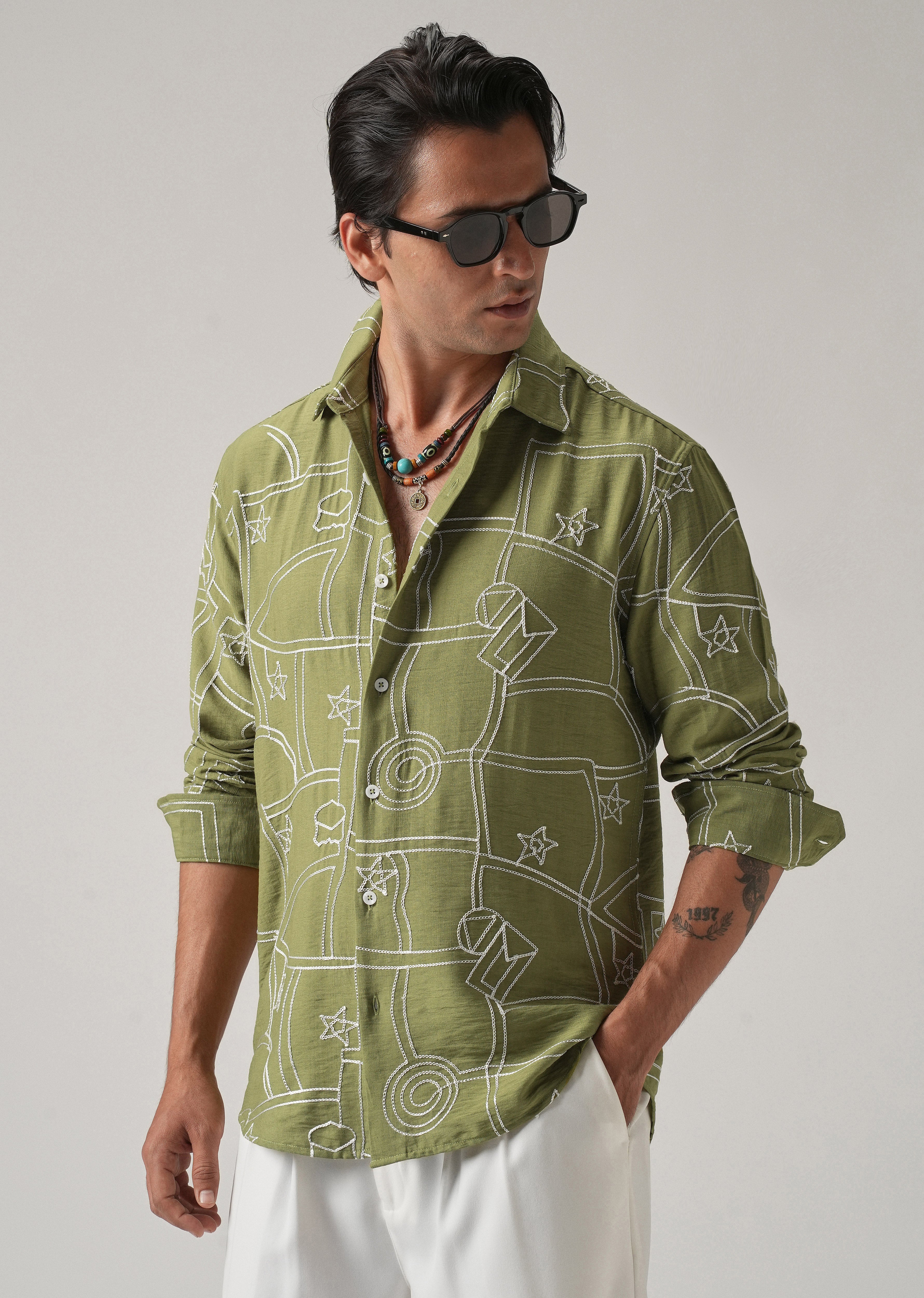 Green Abstract Embroidery Shirt