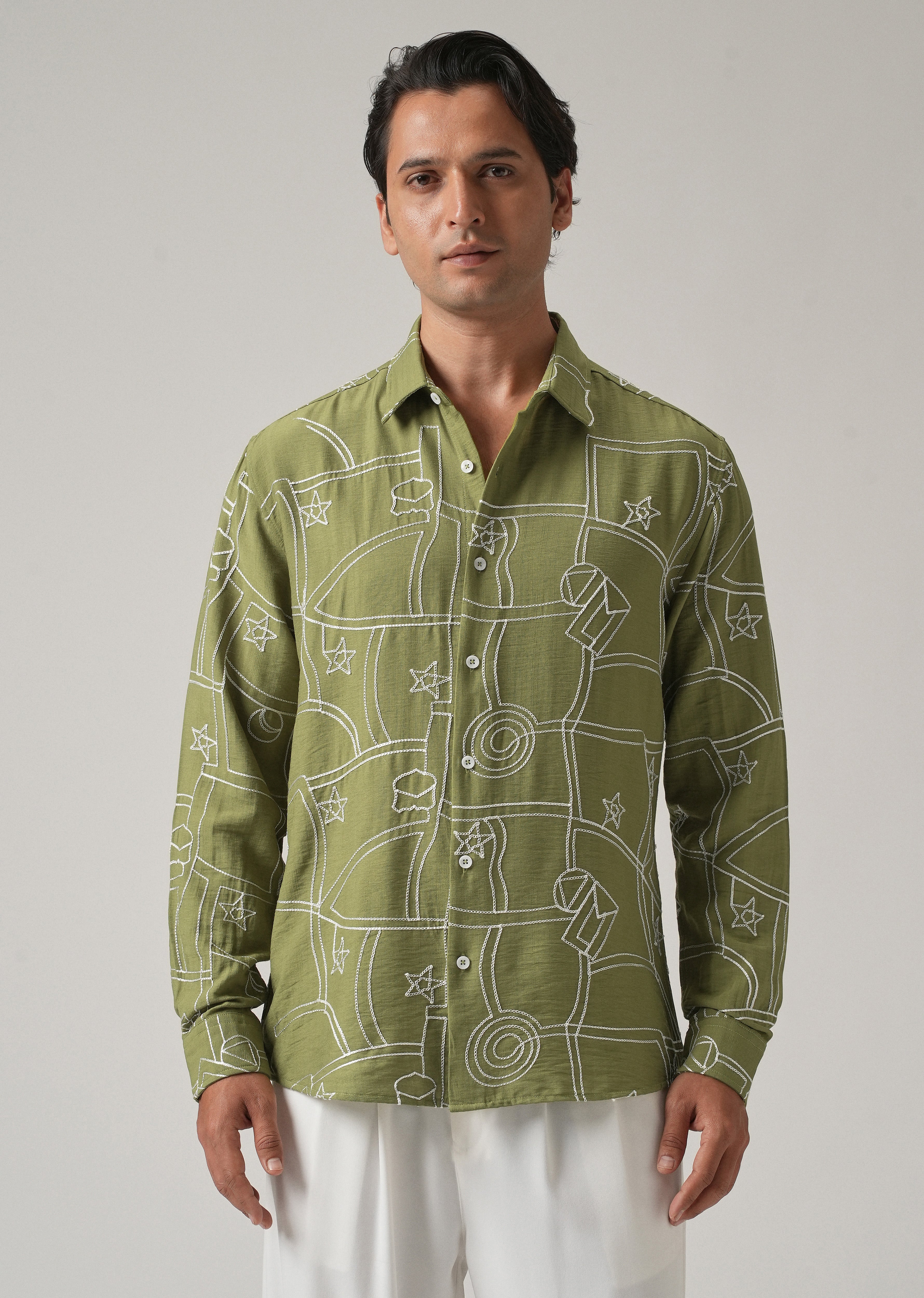 Green Abstract Embroidery Shirt