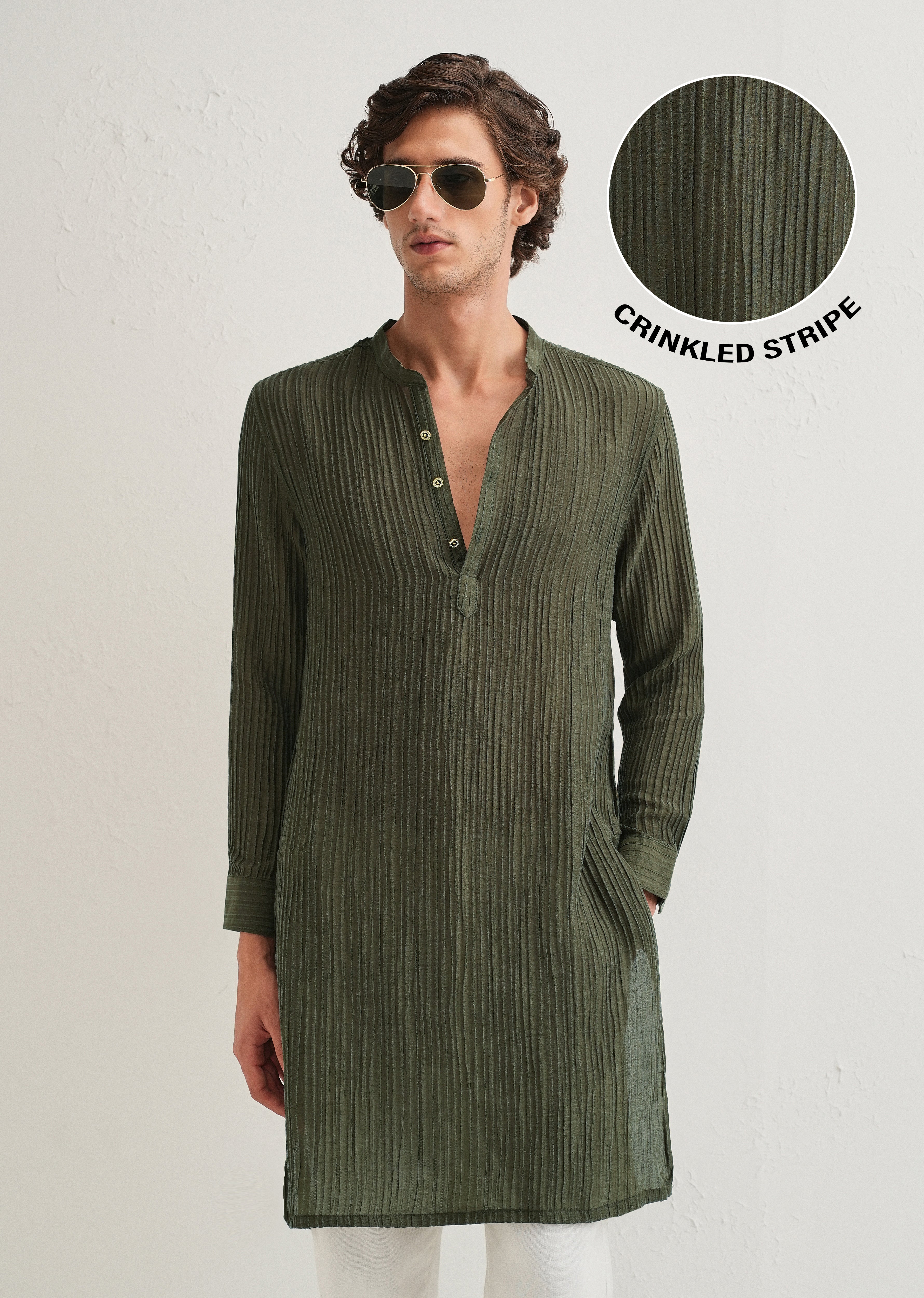 Green Crinkled Stripe Kurta