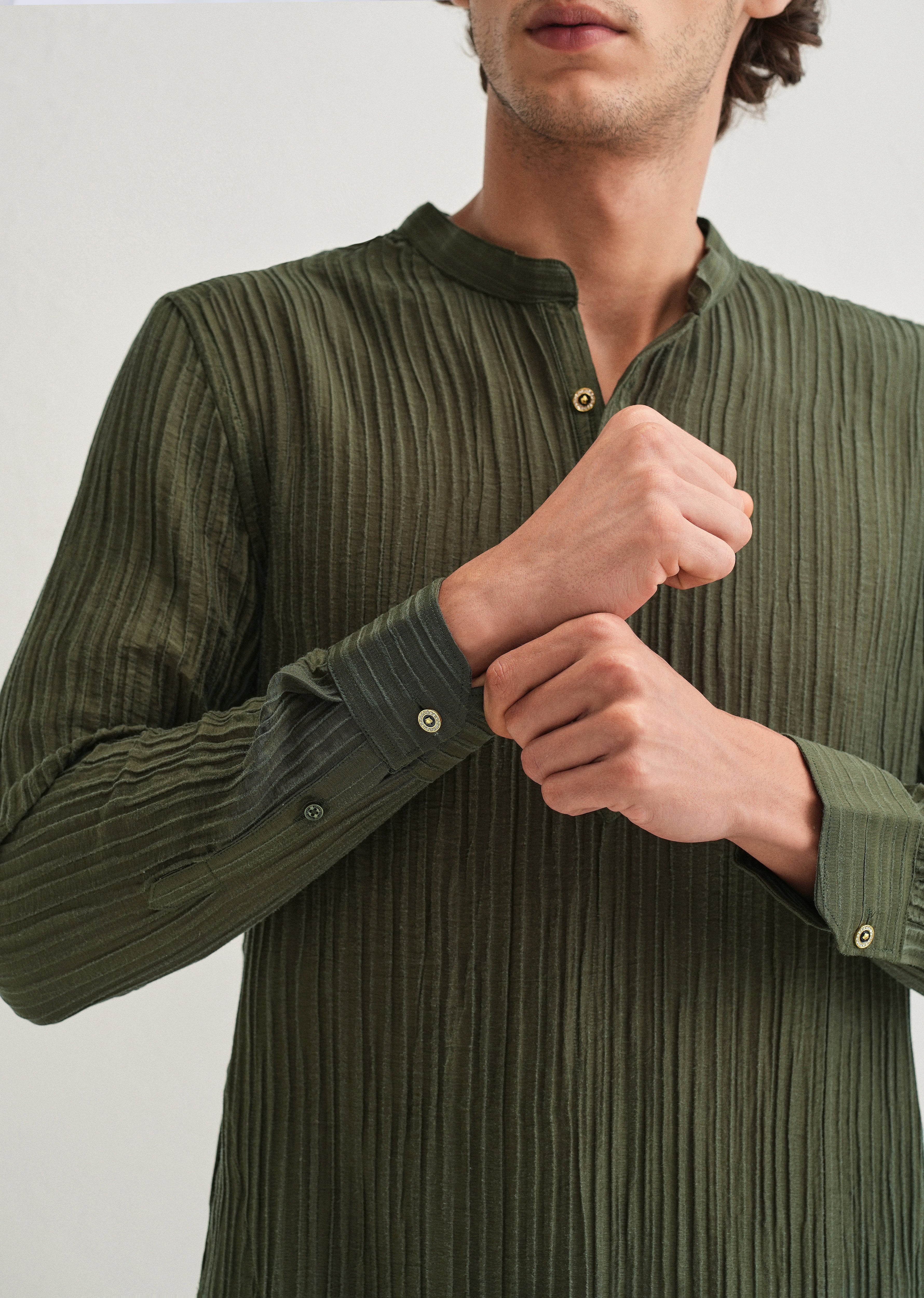 Green Crinkled Stripe Kurta