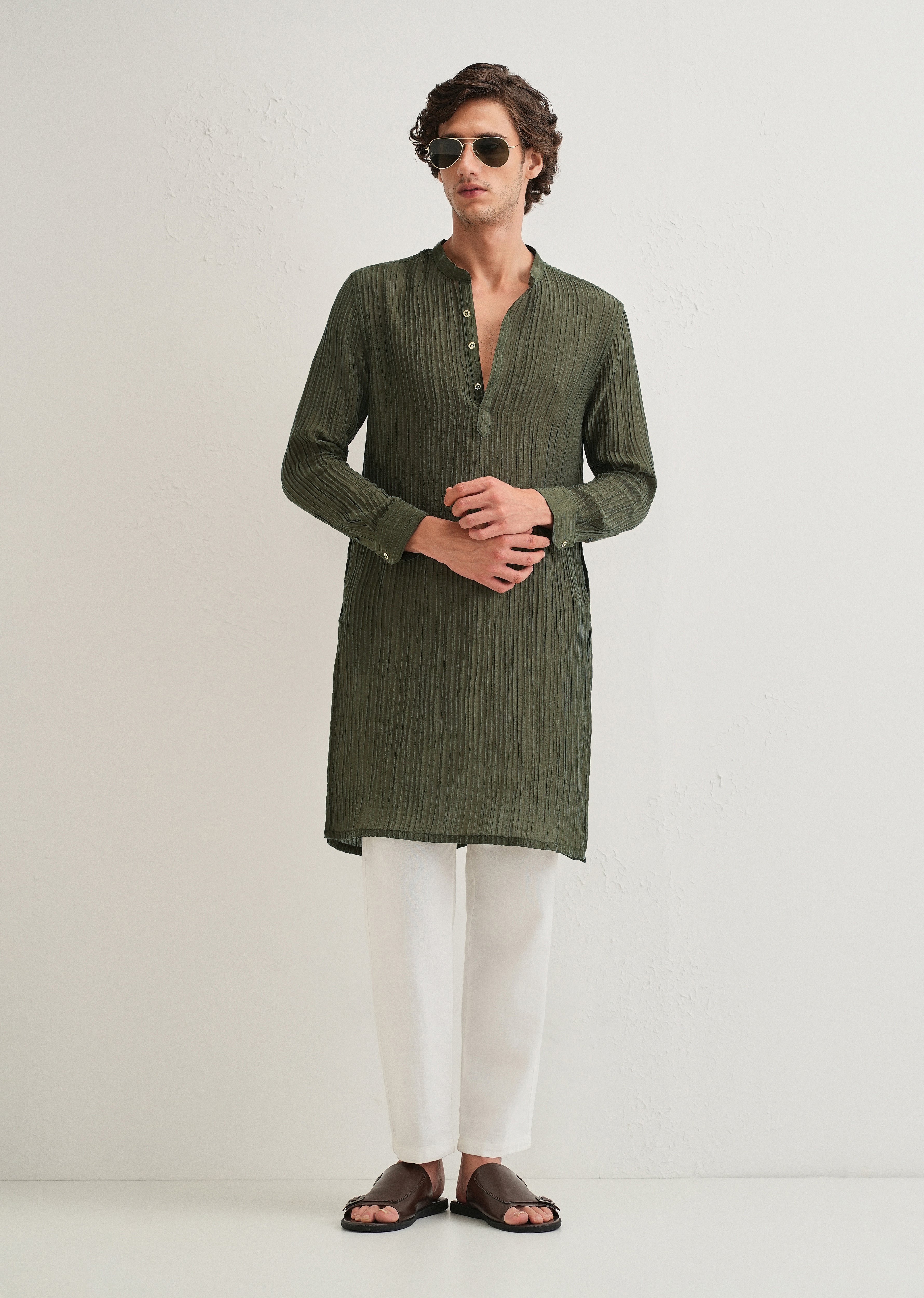 Green Crinkled Stripe Kurta