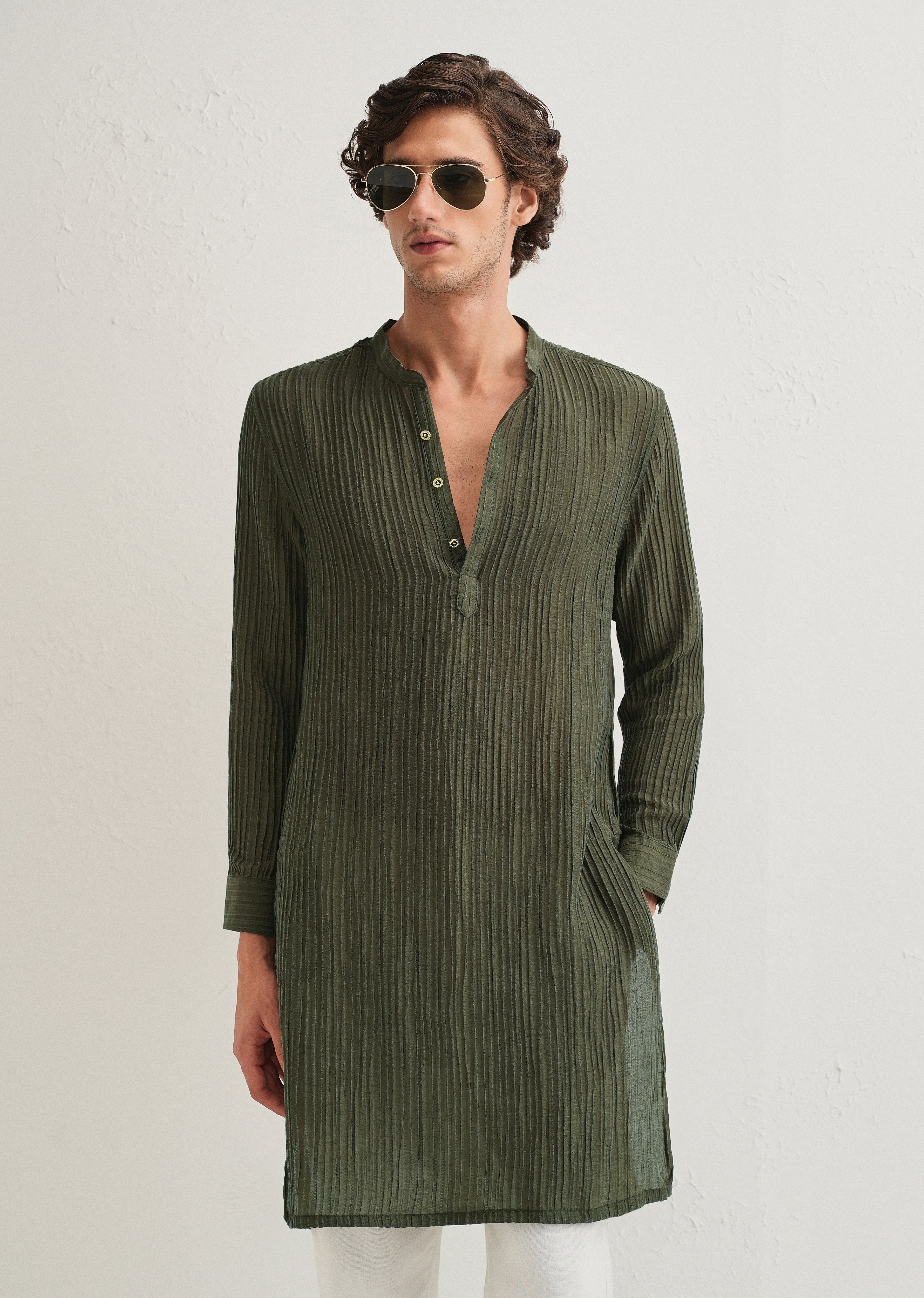 Green Crinkled Stripe Kurta