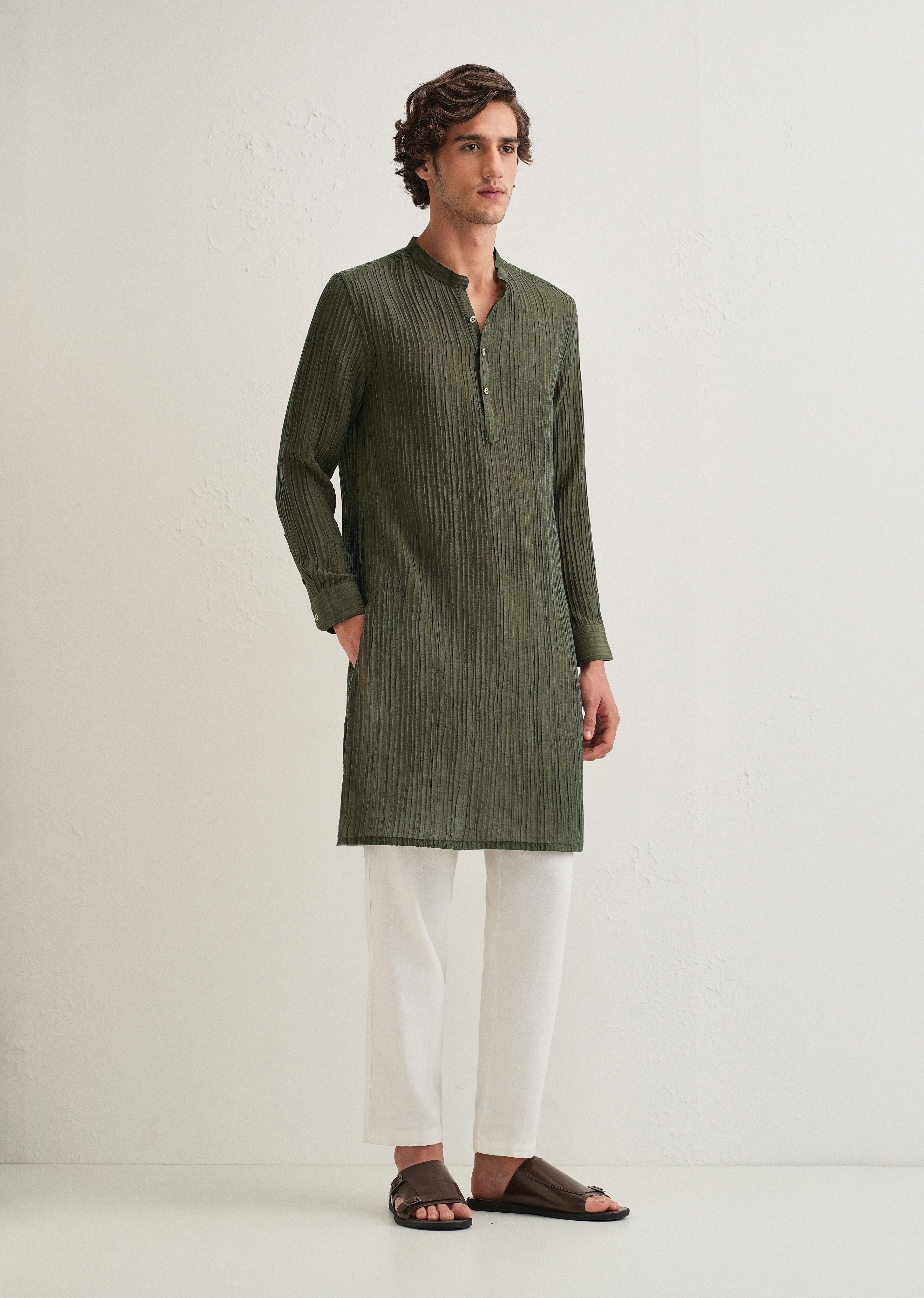 Green Crinkled Stripe Kurta