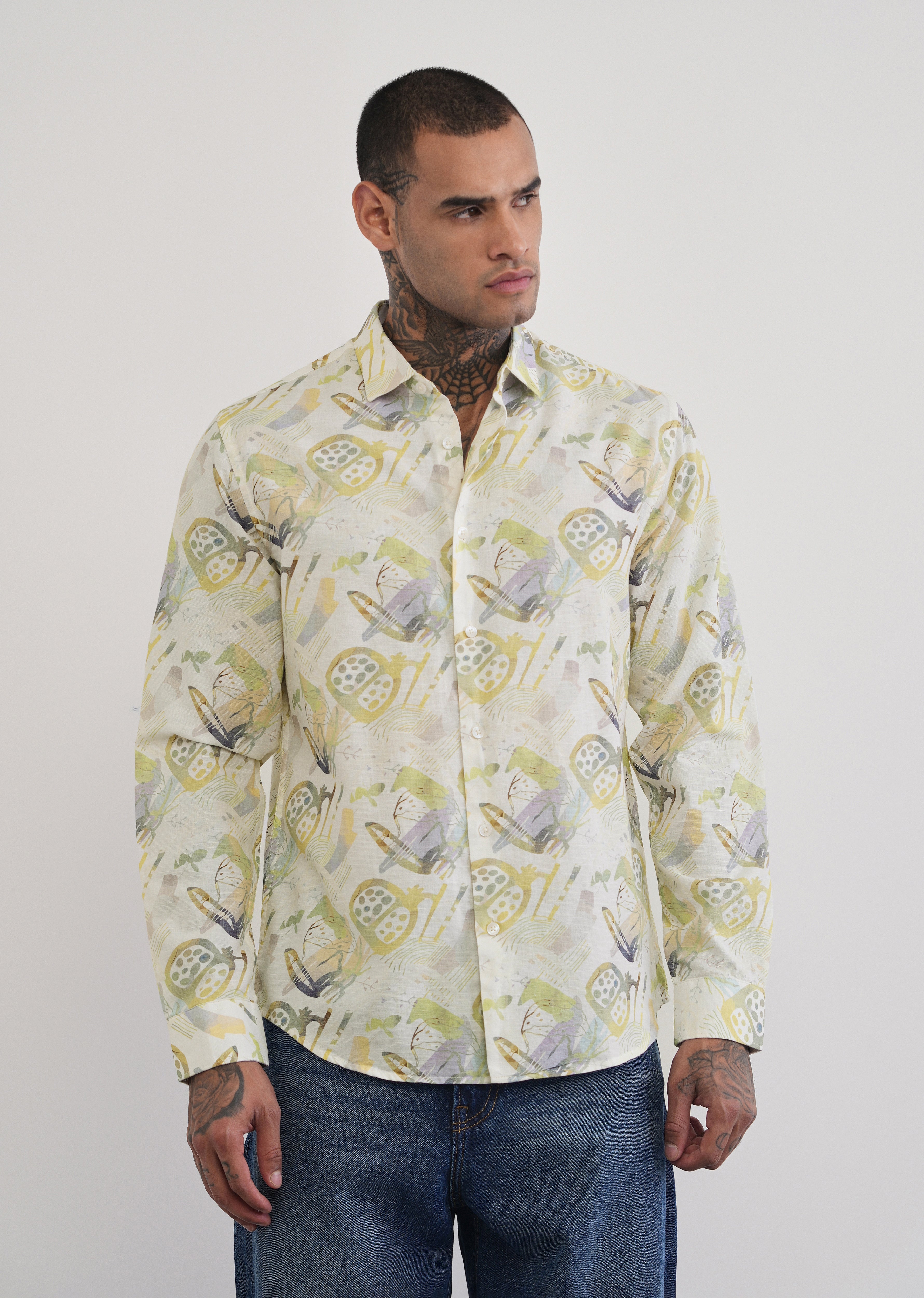 Green Artistic Print Cotton Linen Shirt