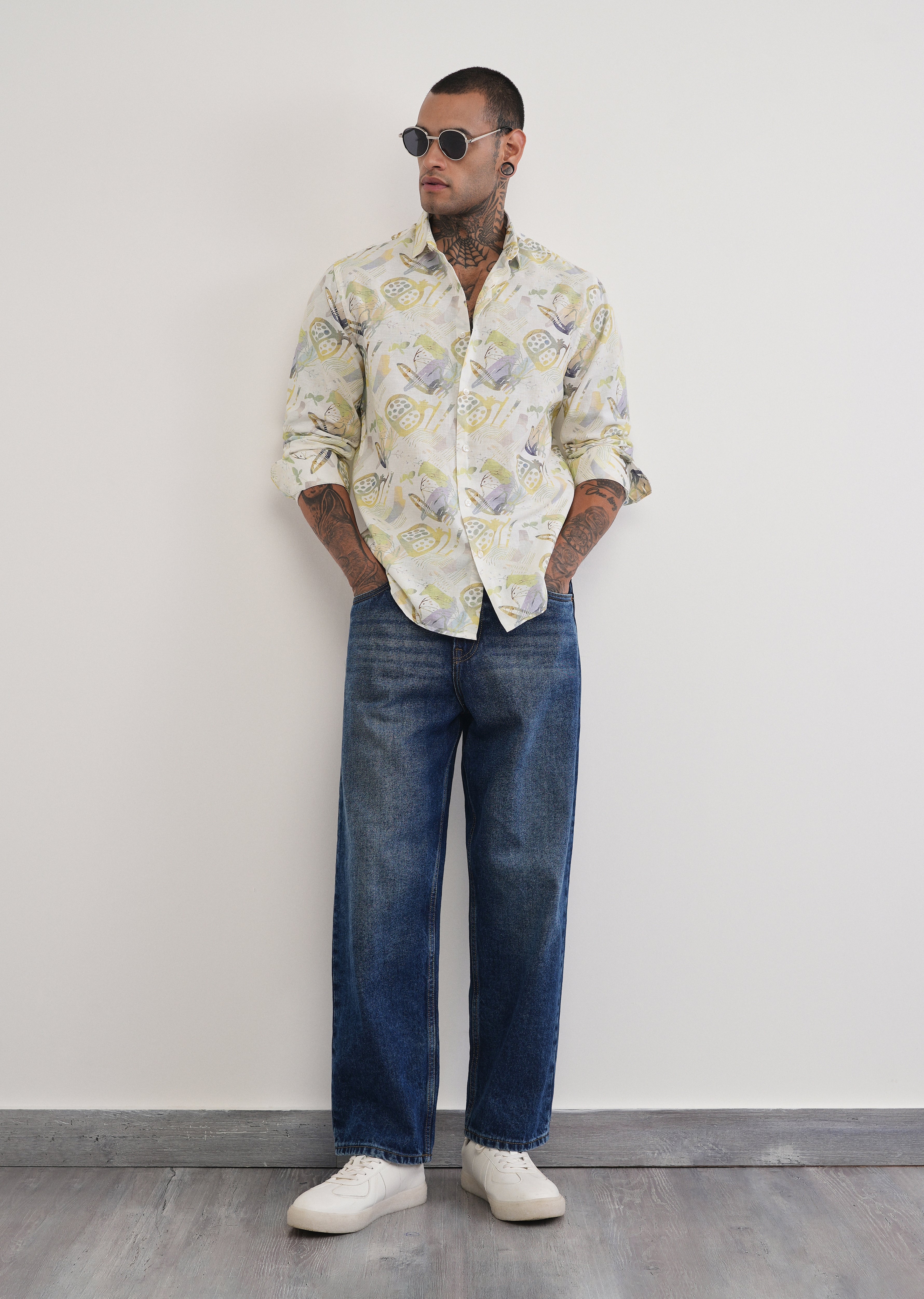 Green Artistic Print Cotton Linen Shirt