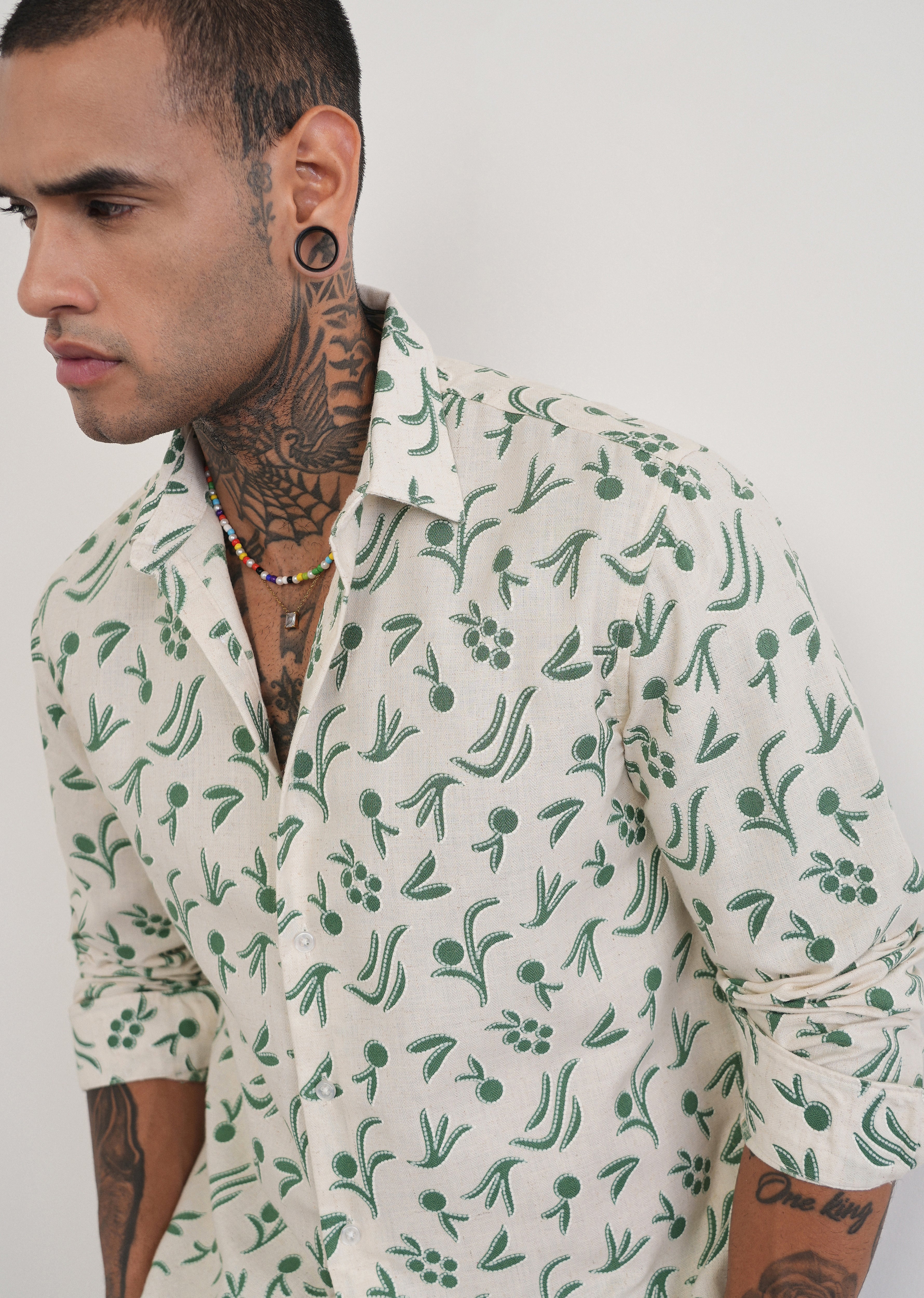 Green Blended Linen Printed Shirt