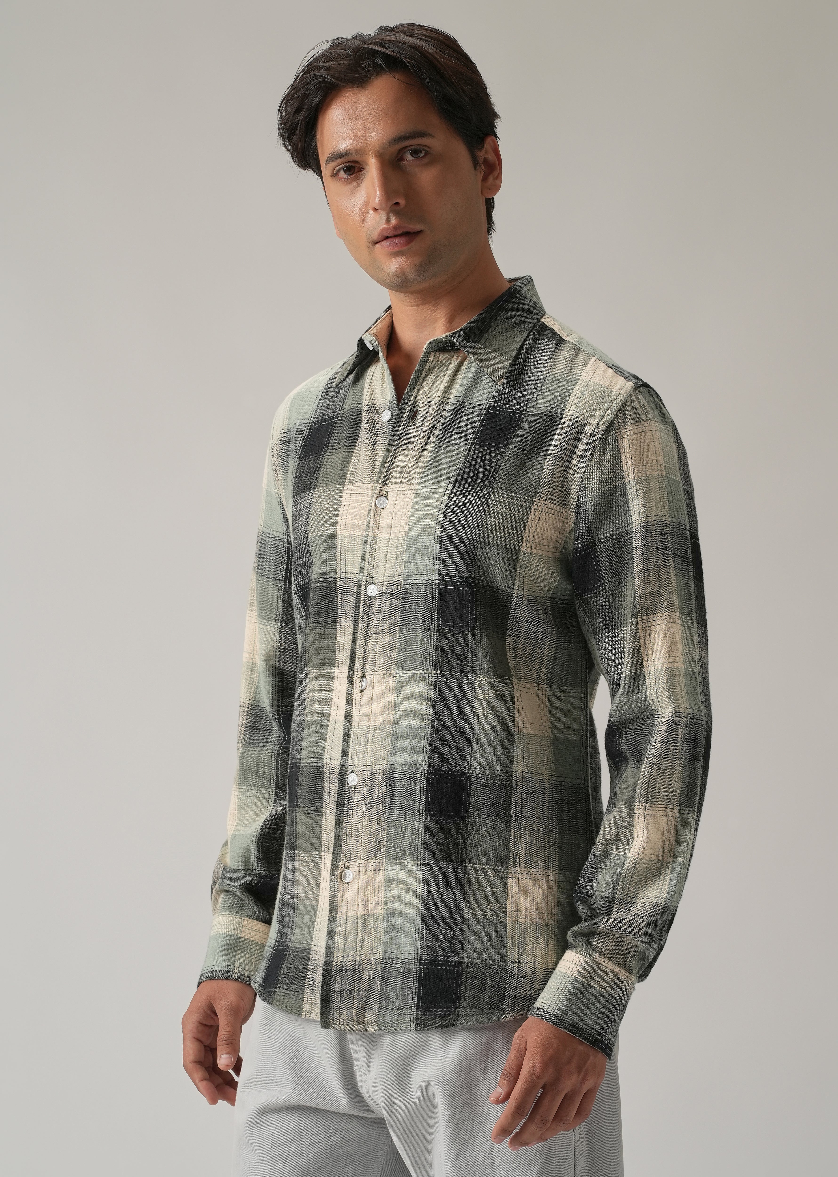 Green Cotton Linen Box Check shirt