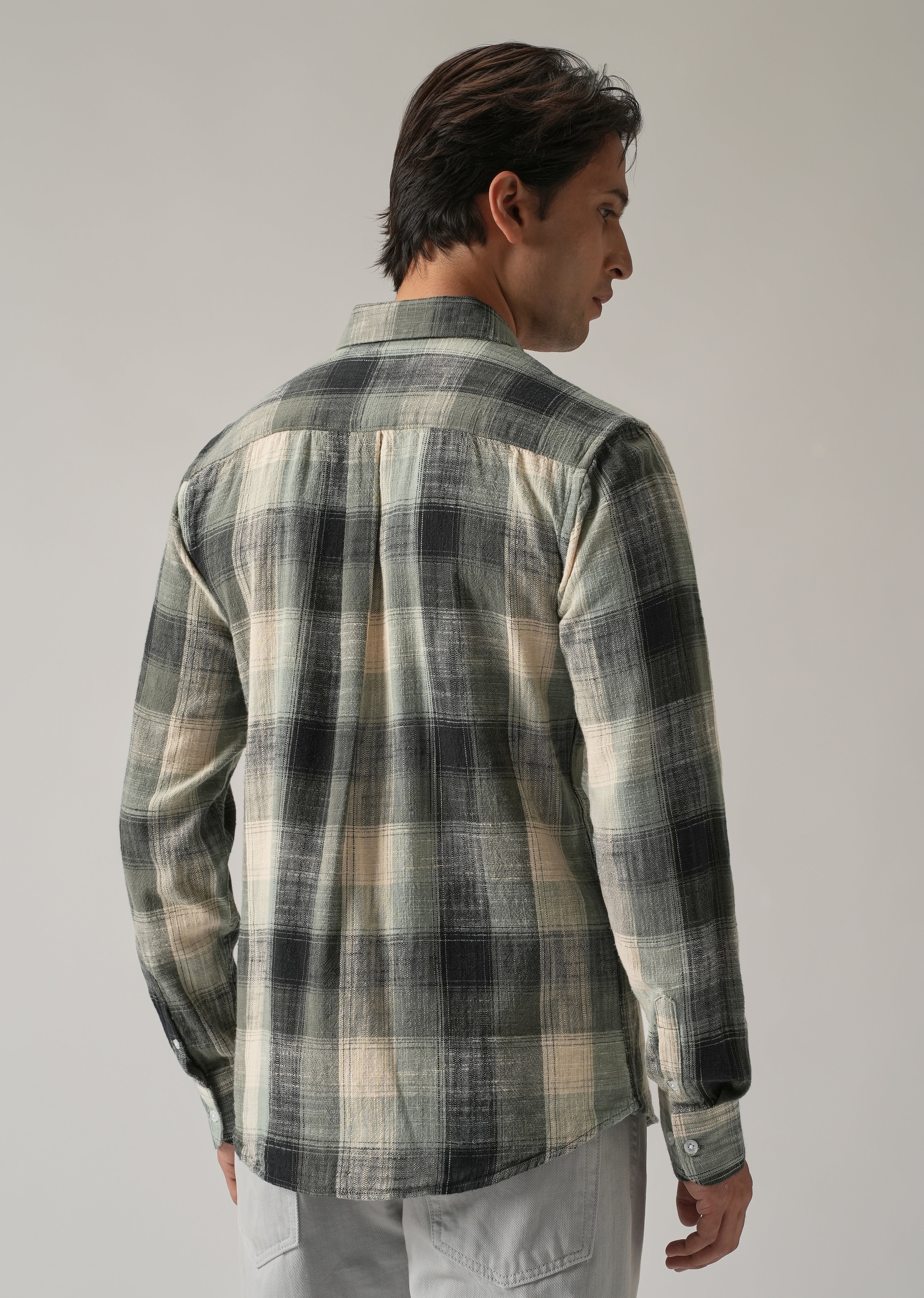 Green Cotton Linen Box Check shirt