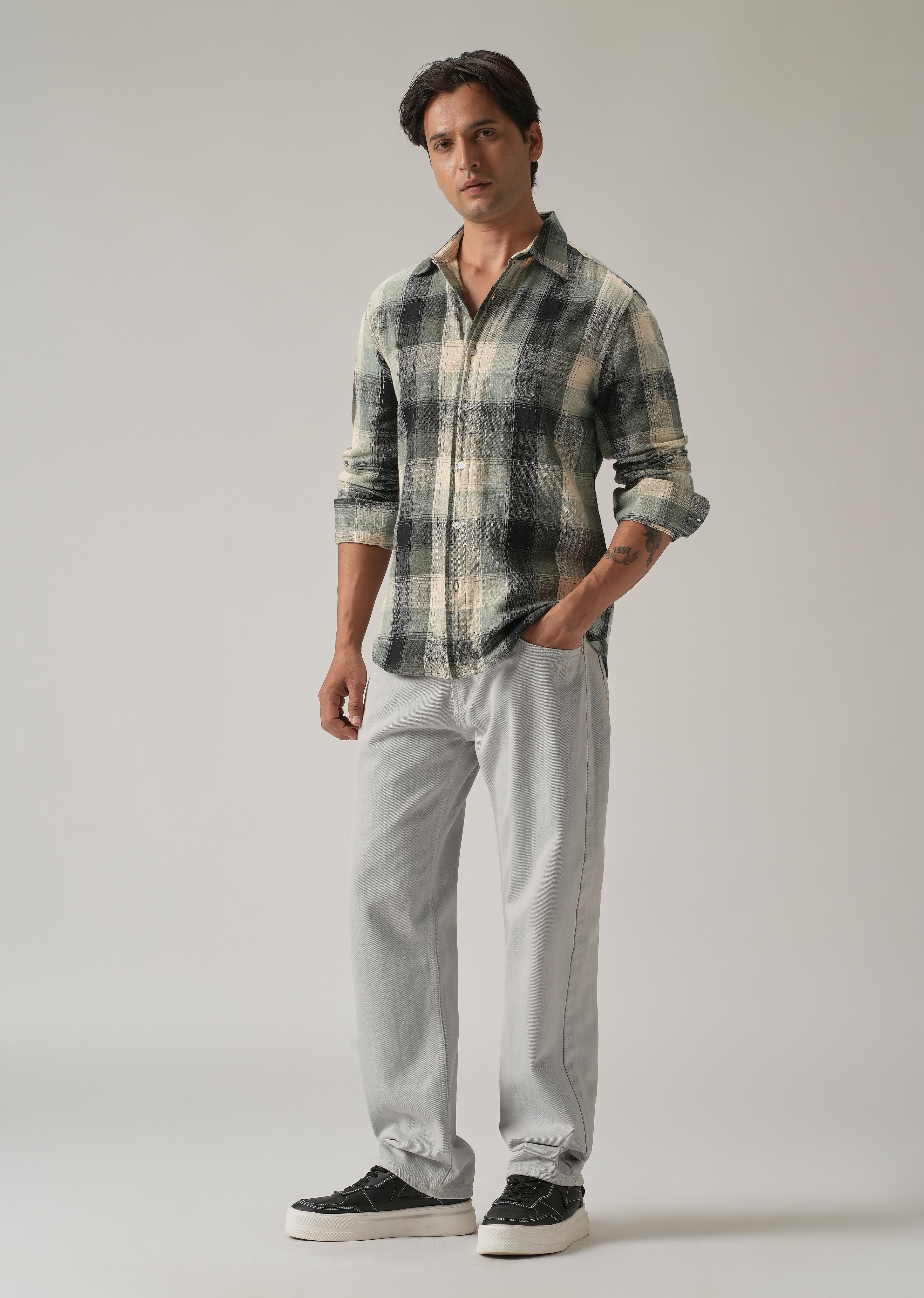 Green Cotton Linen Box Check shirt