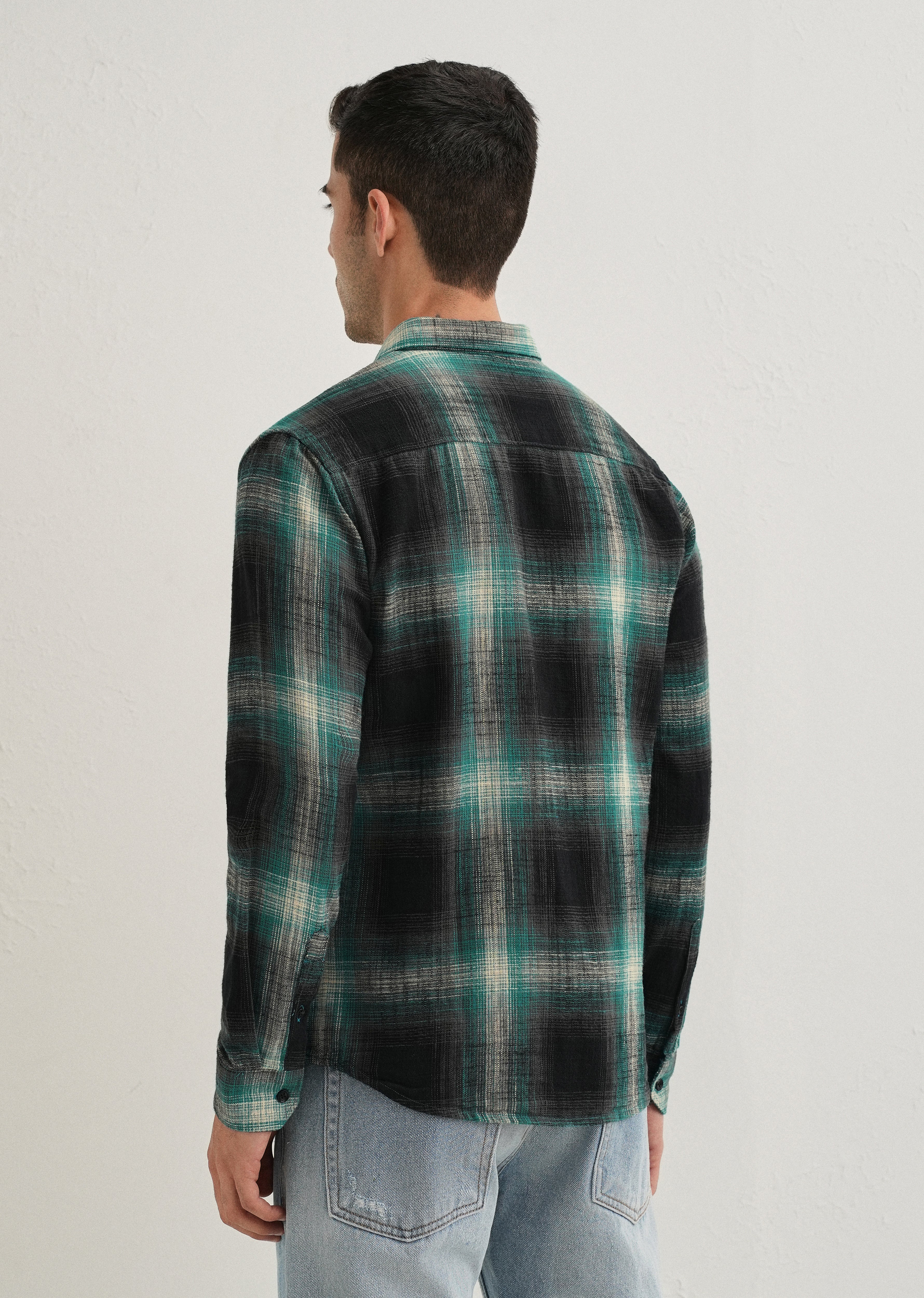 Dark Green Cotton Linen Check Shirt