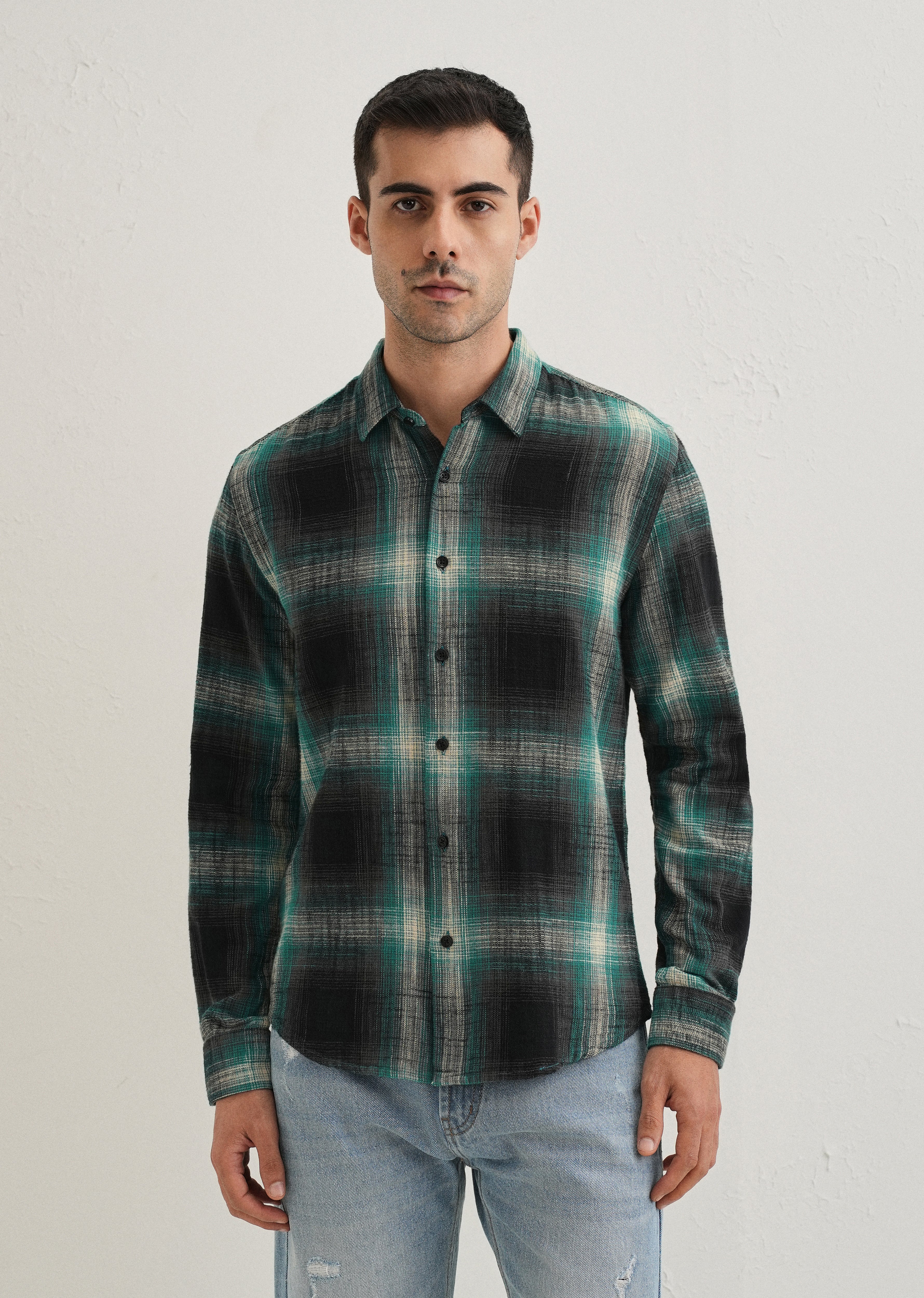 Dark Green Cotton Linen Check Shirt