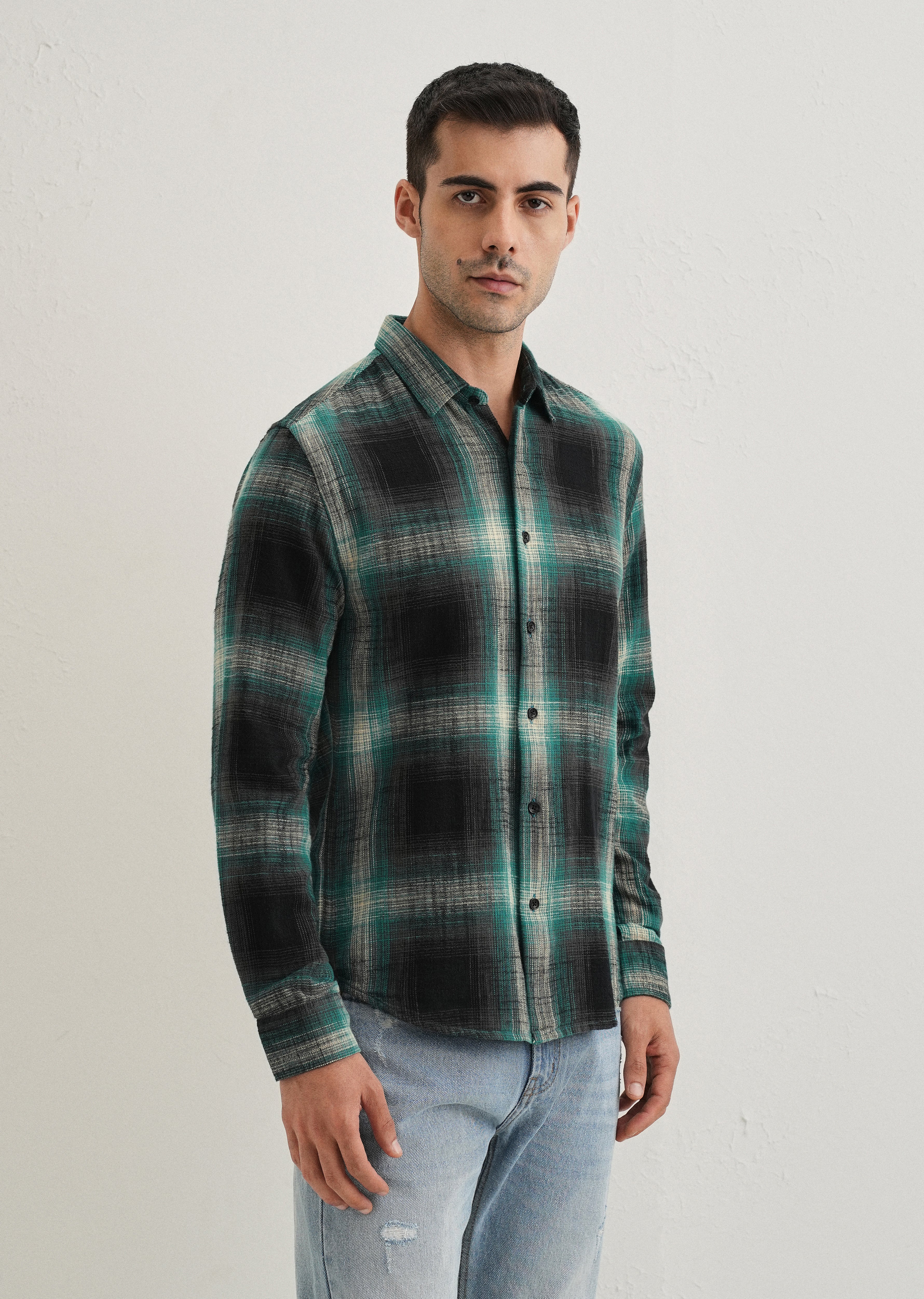 Dark Green Cotton Linen Check Shirt