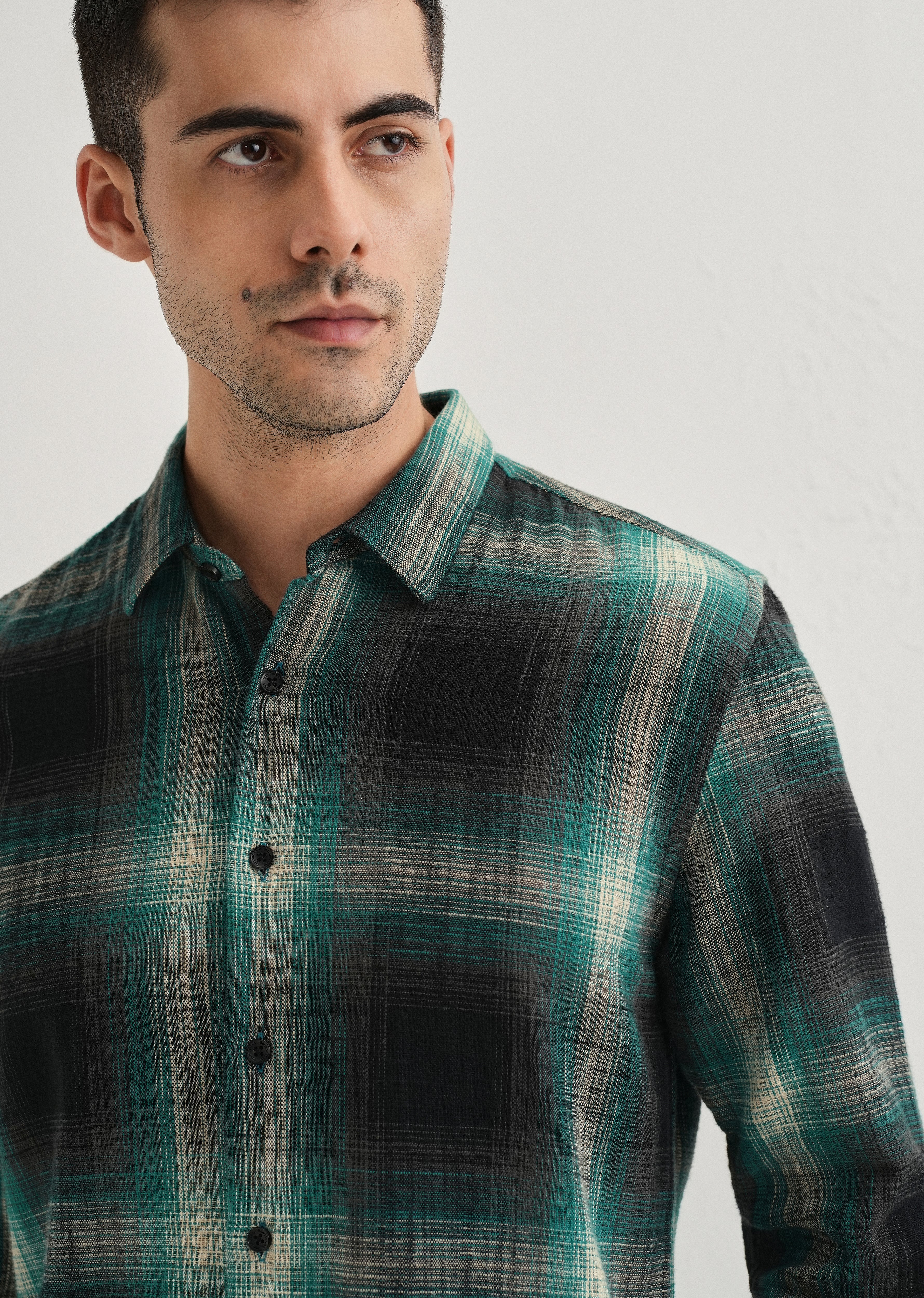 Dark Green Cotton Linen Check Shirt