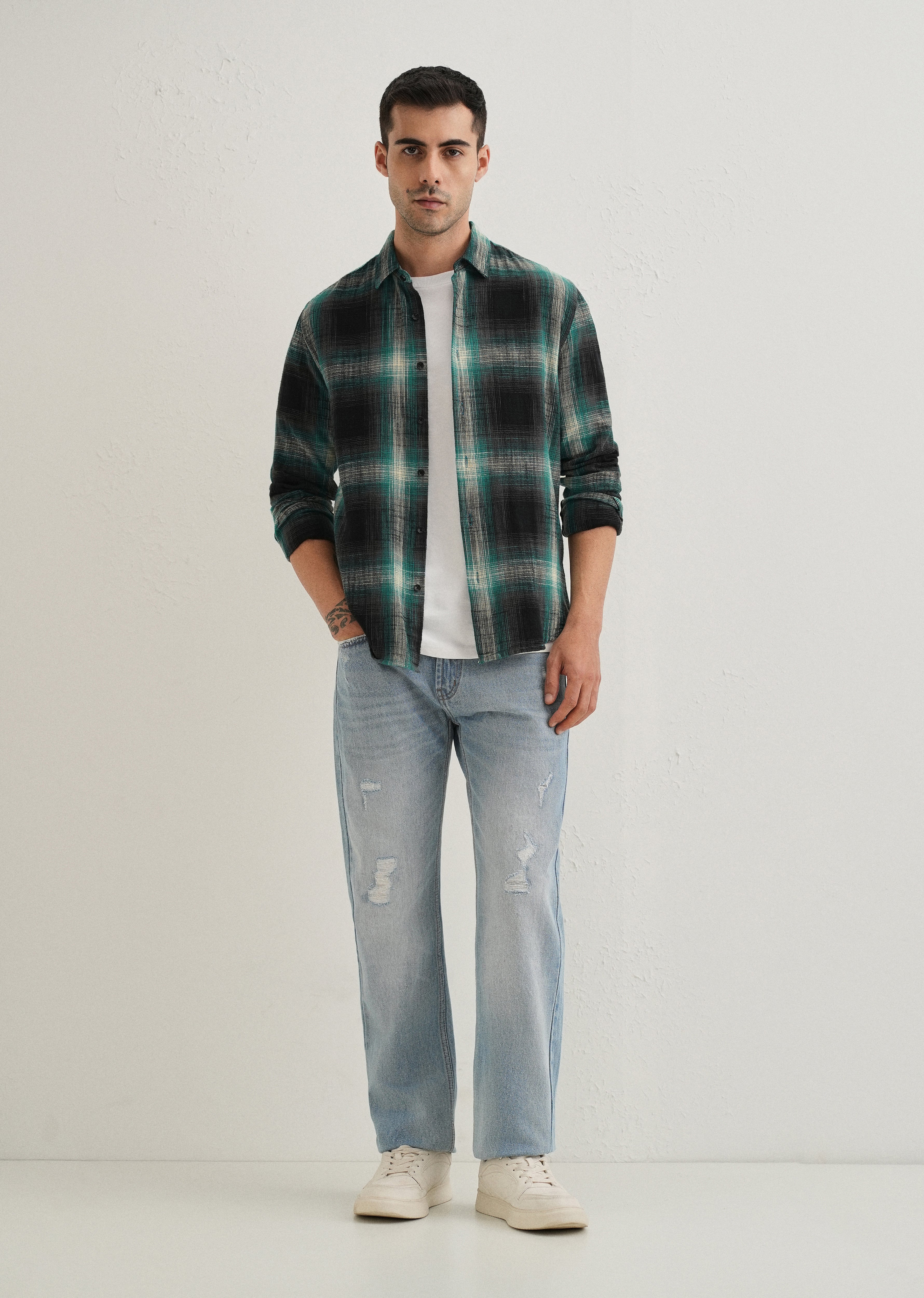 Dark Green Cotton Linen Check Shirt