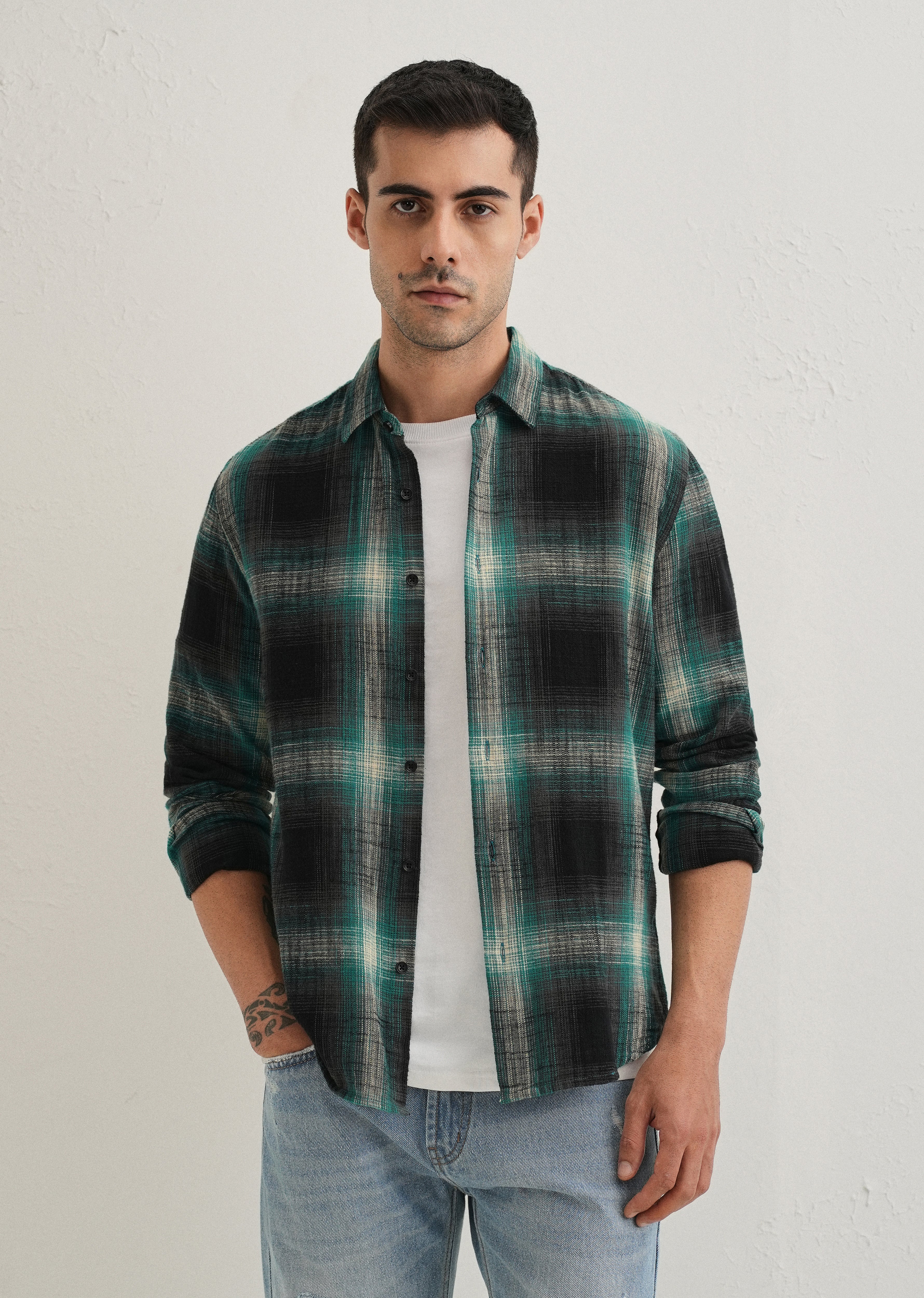 Dark Green Cotton Linen Check Shirt