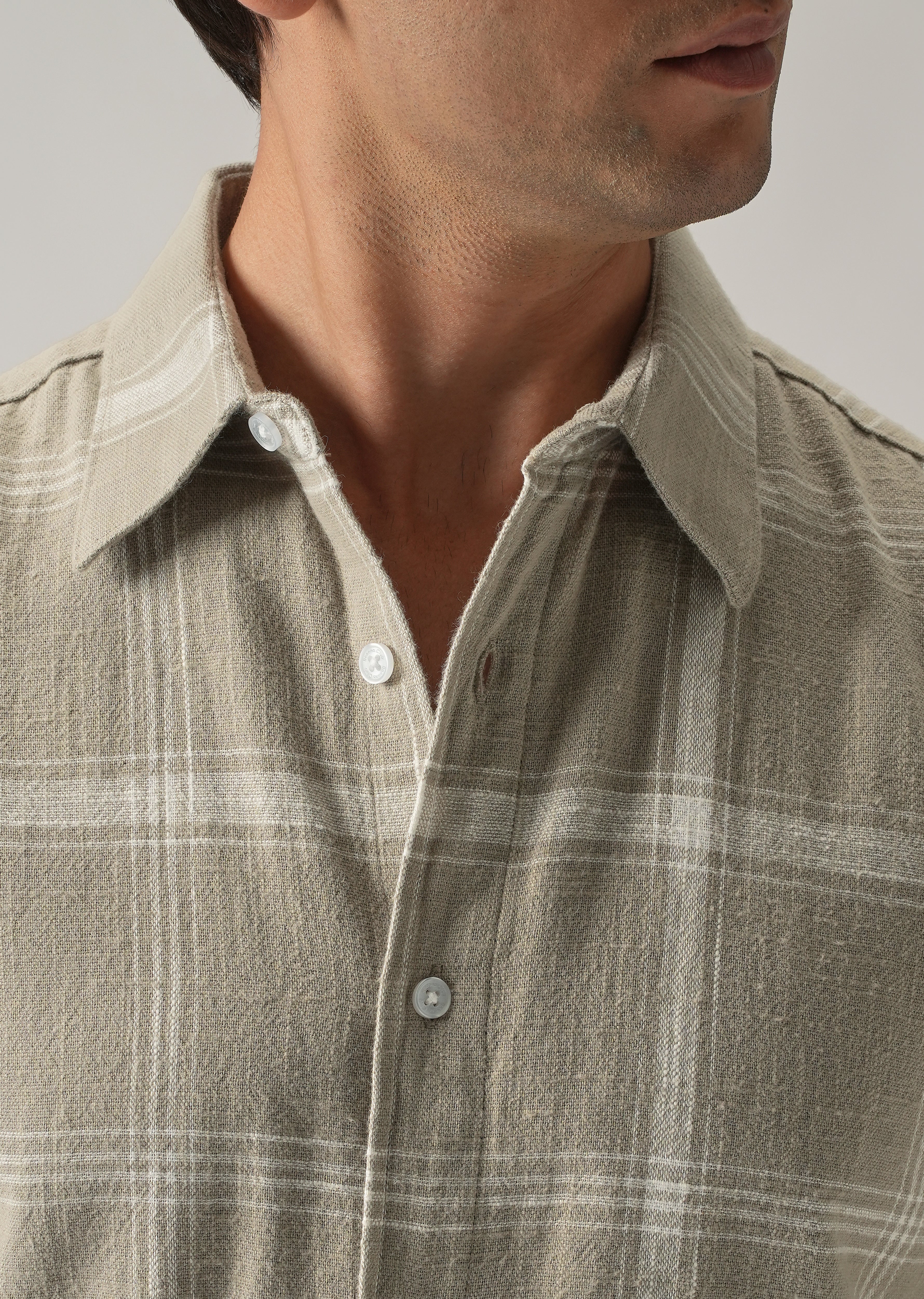 Green Cotton Linen Check shirt