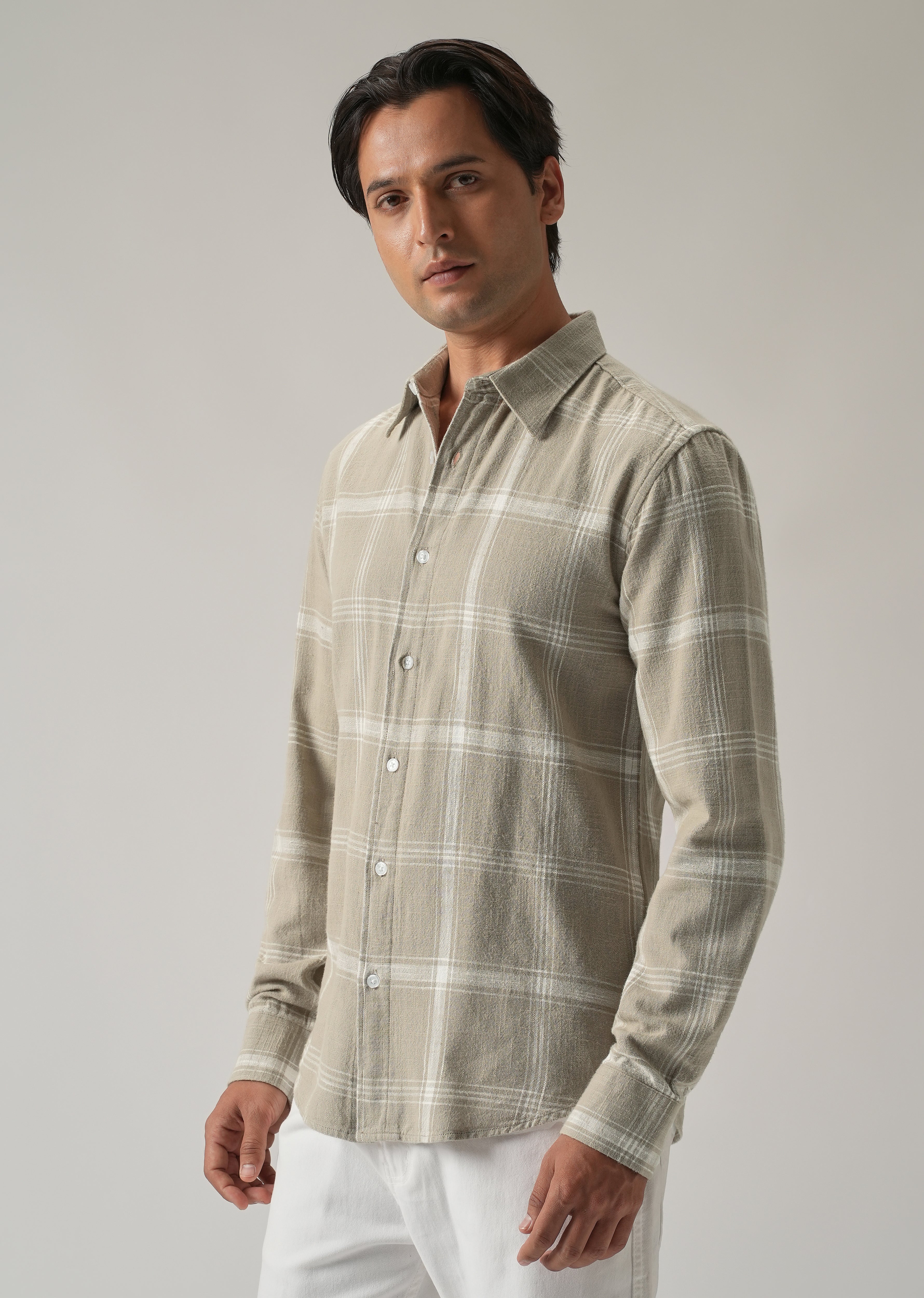 Green Cotton Linen Check shirt