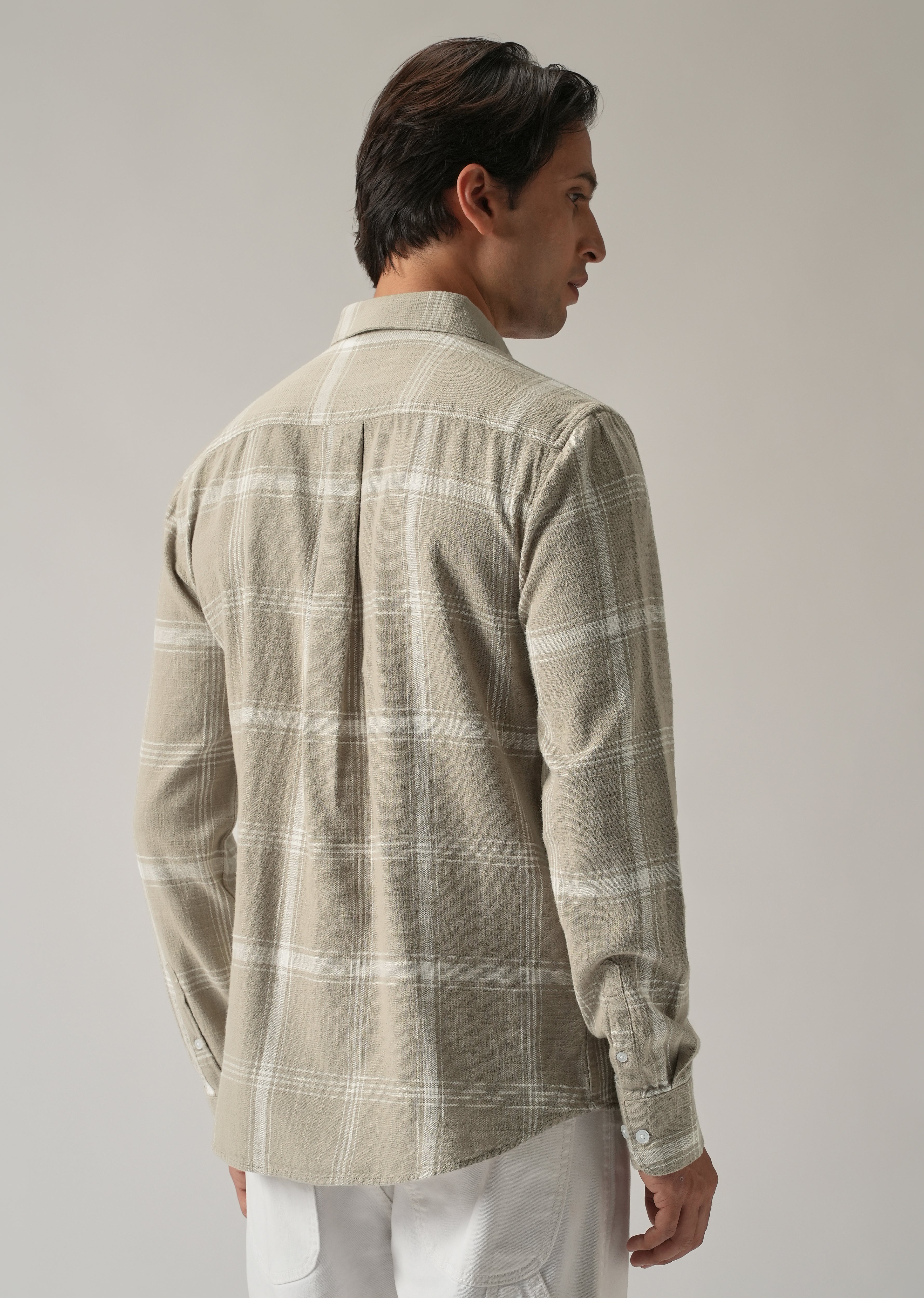 Green Cotton Linen Check shirt