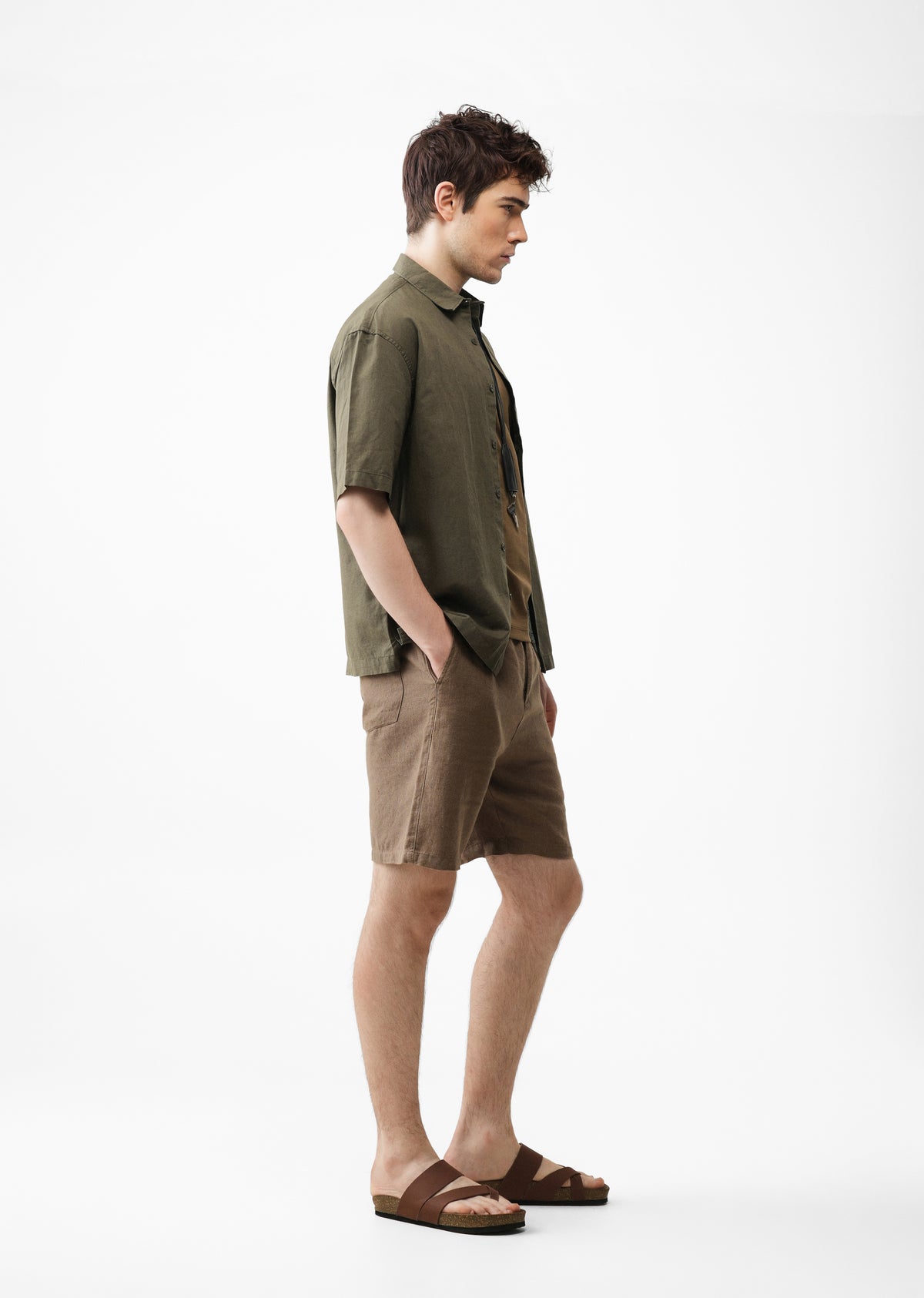 Green Cotton Linen Half Sleeve Shirt