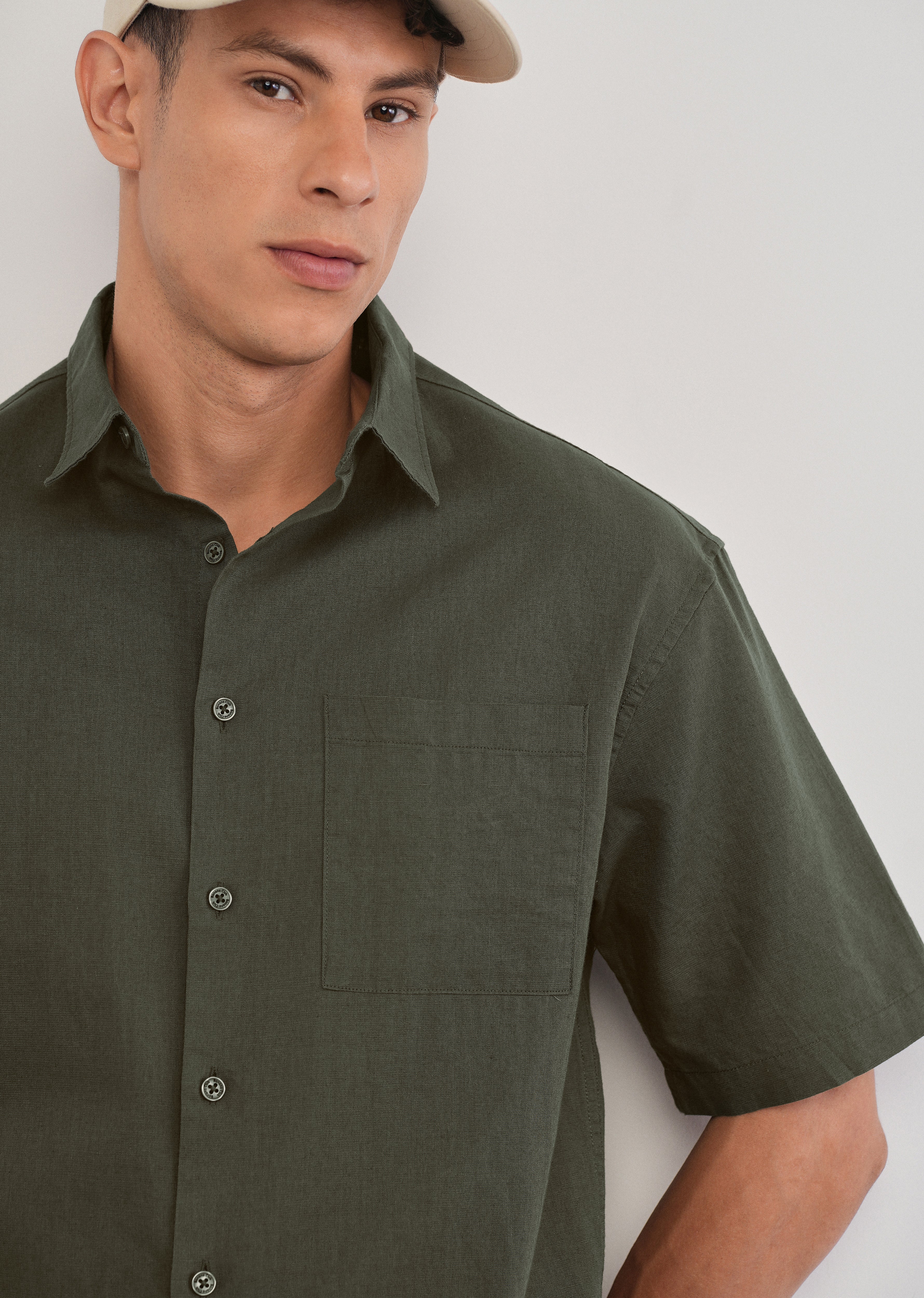 Green Cotton Linen Half Sleeve Shirt