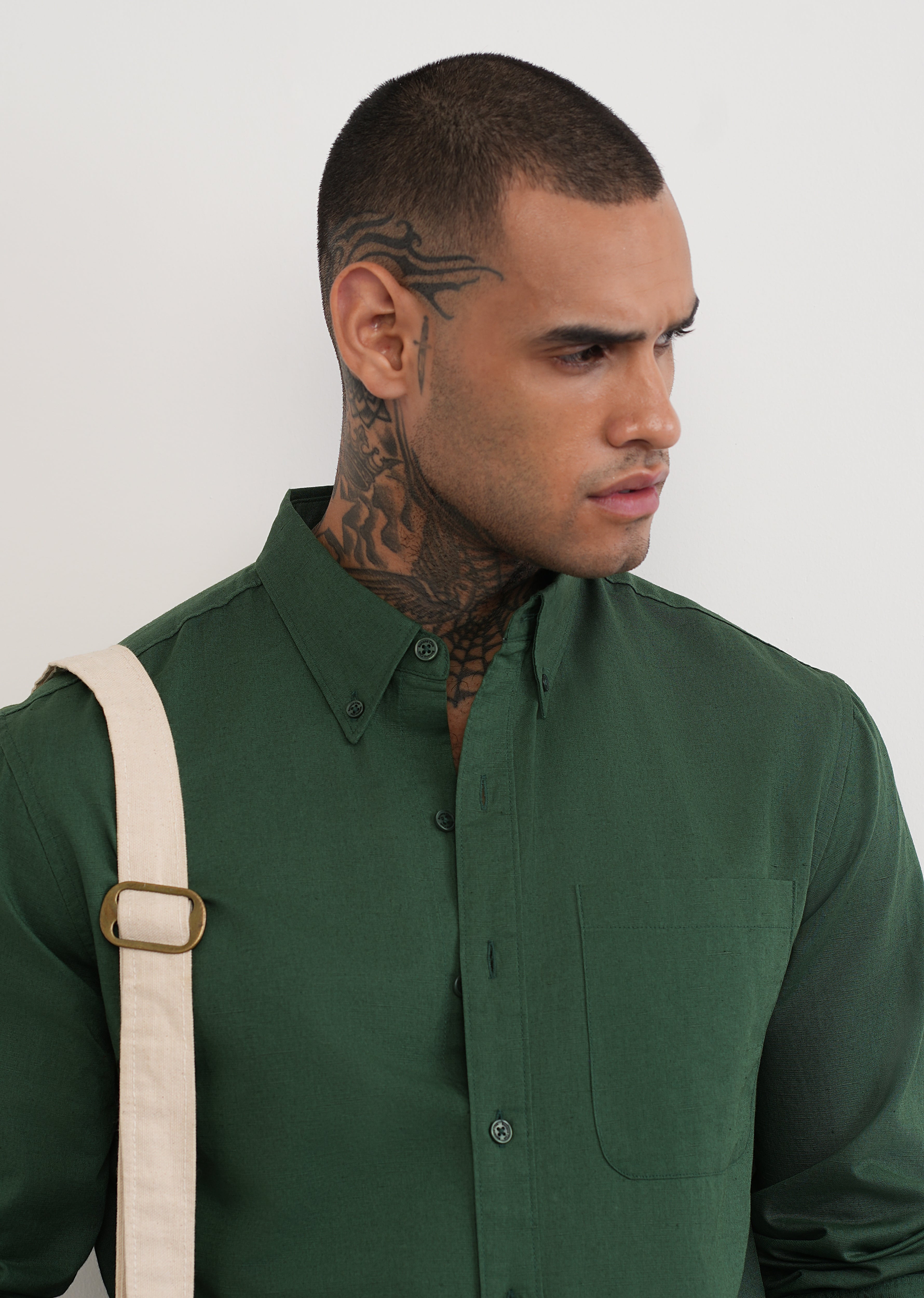 Green Cotton Linen Plain Shirt