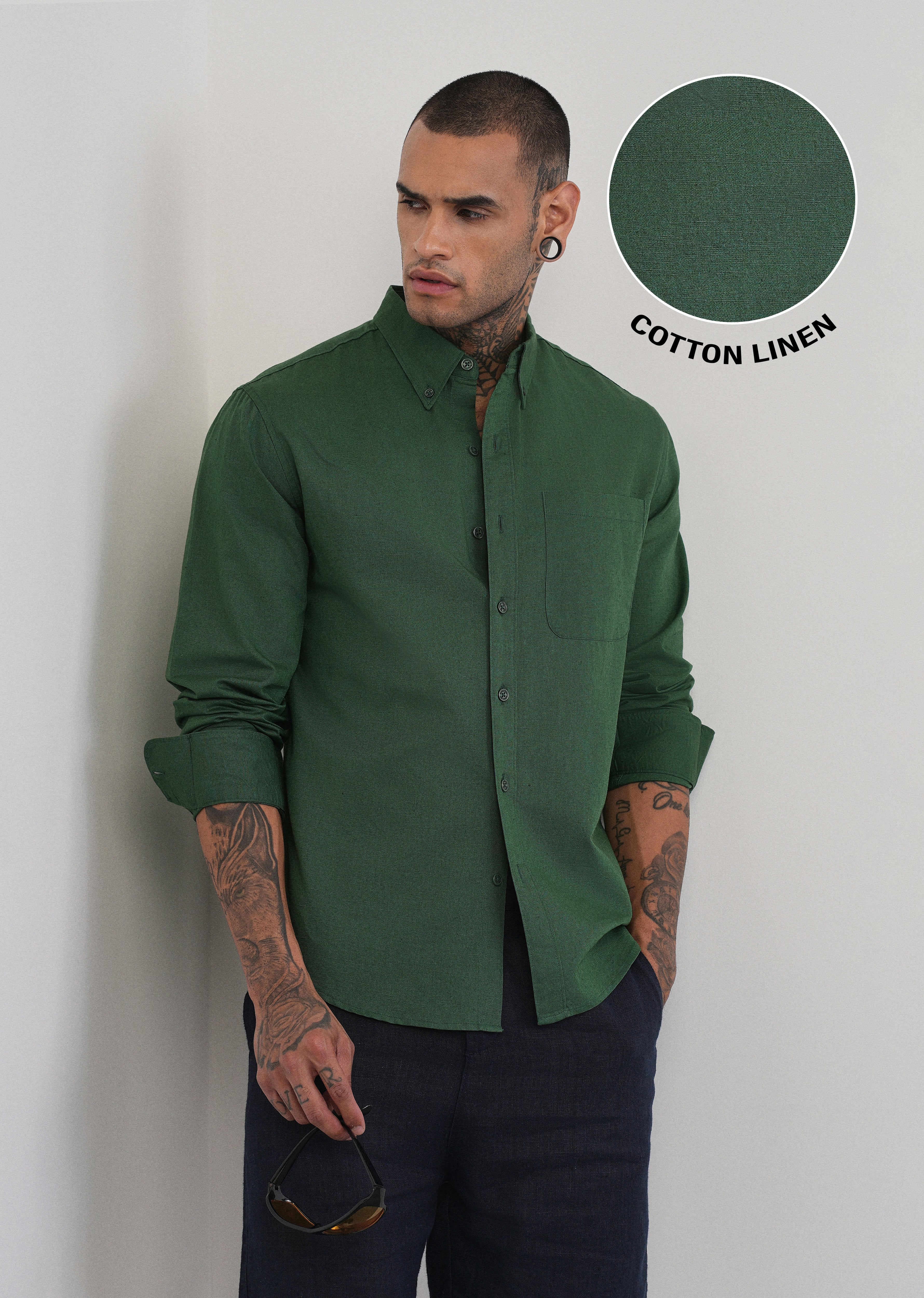 Green Cotton Linen Plain Shirt