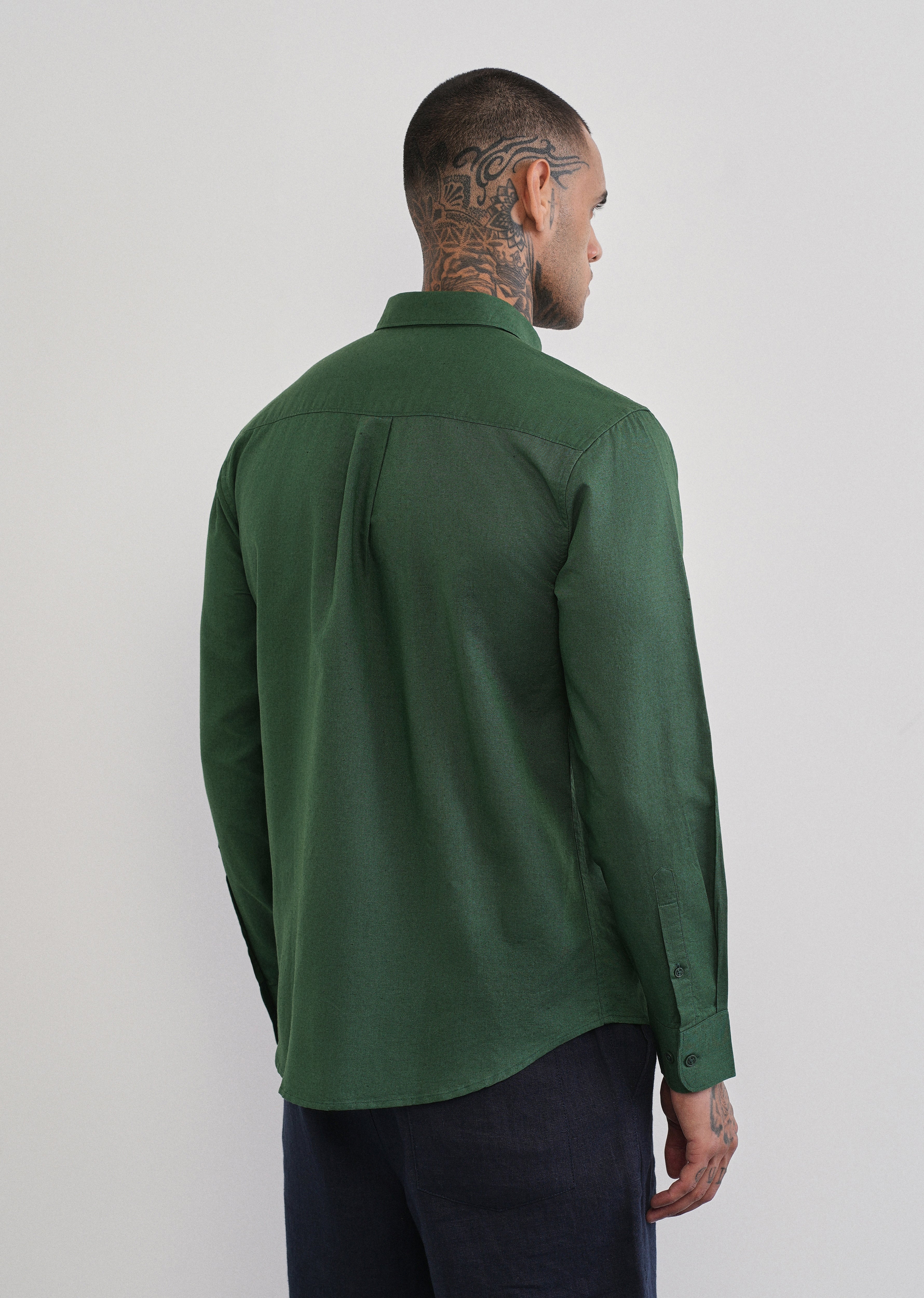 Green Cotton Linen Plain Shirt