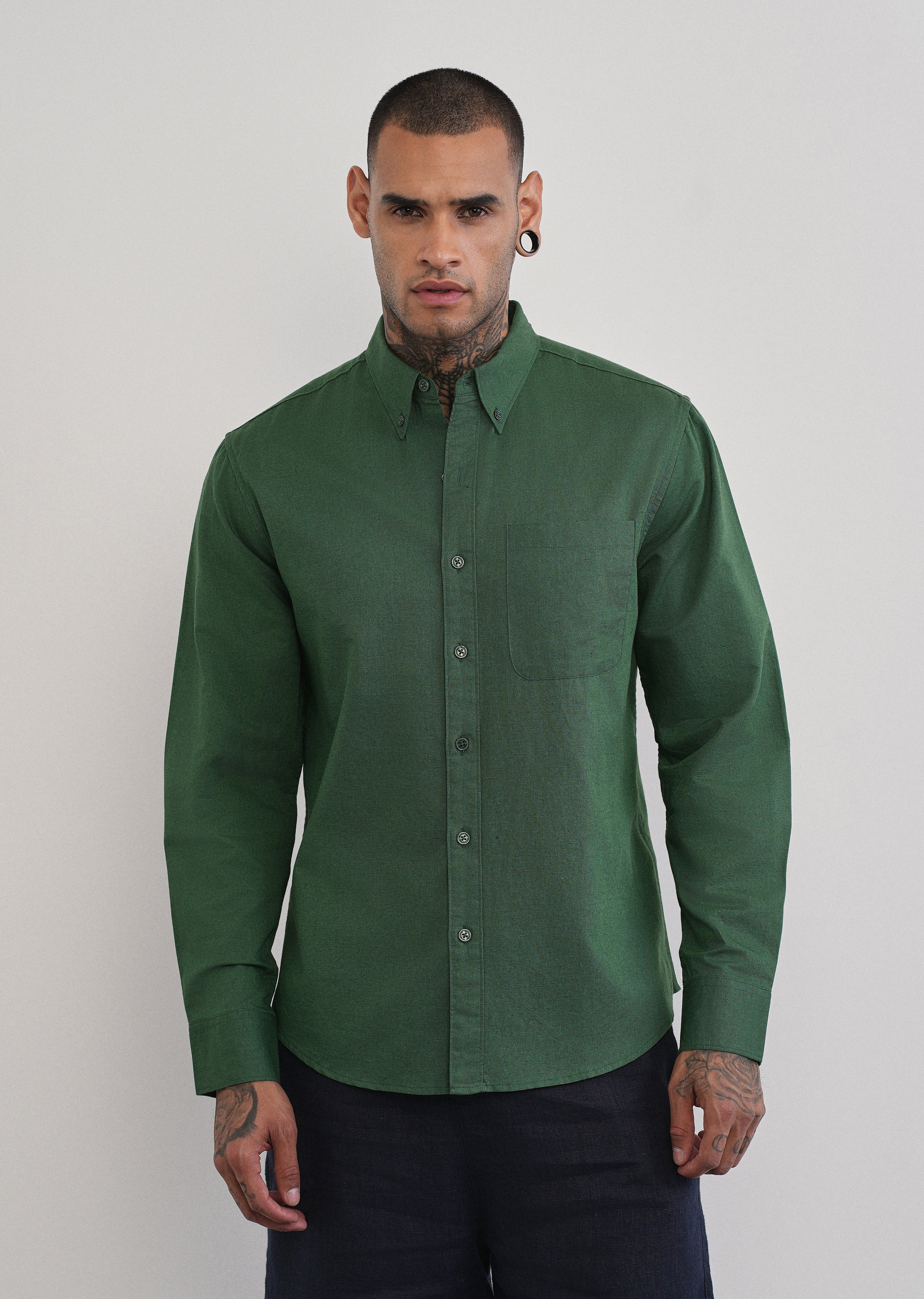 Green Cotton Linen Plain Shirt