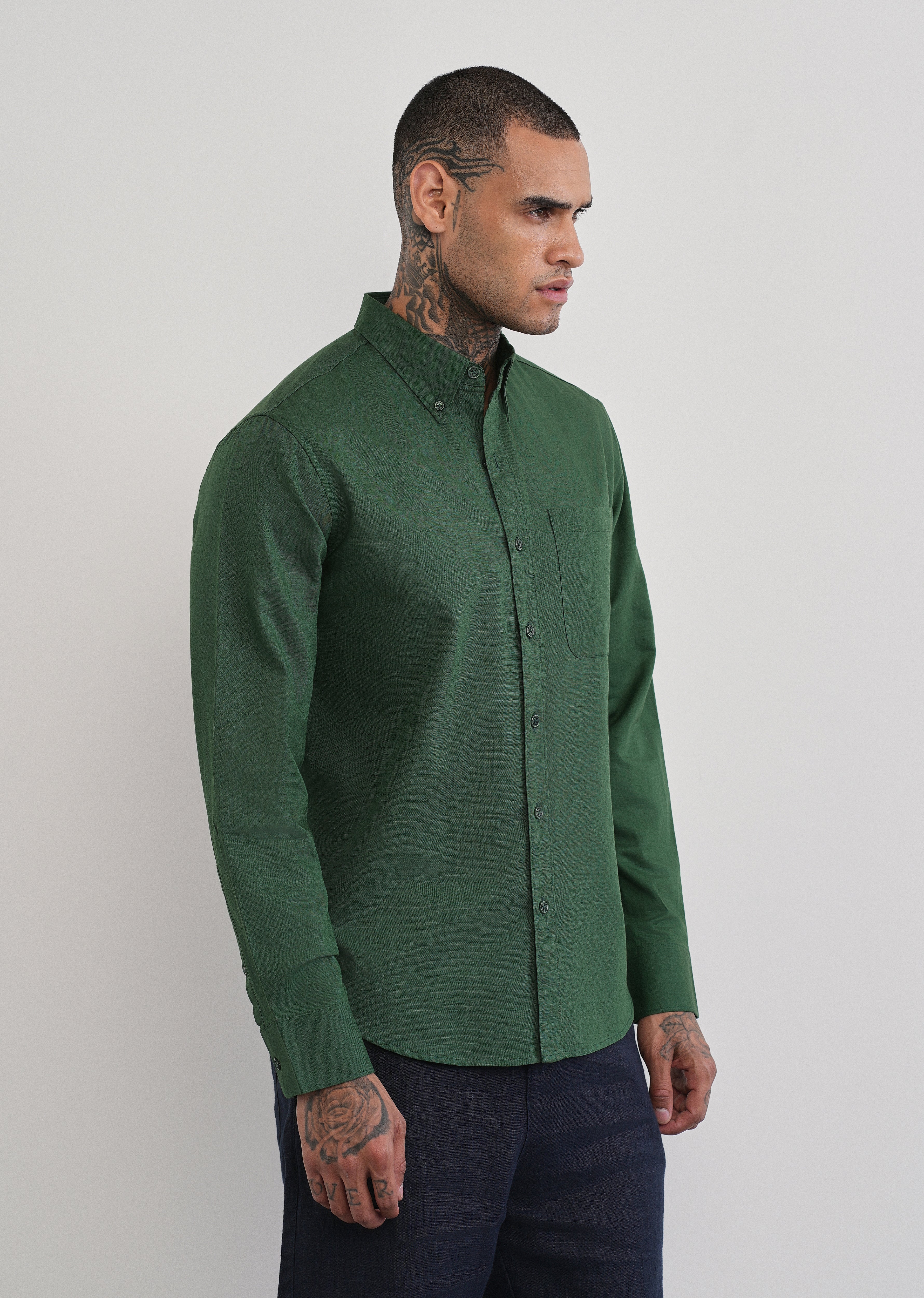 Green Cotton Linen Plain Shirt
