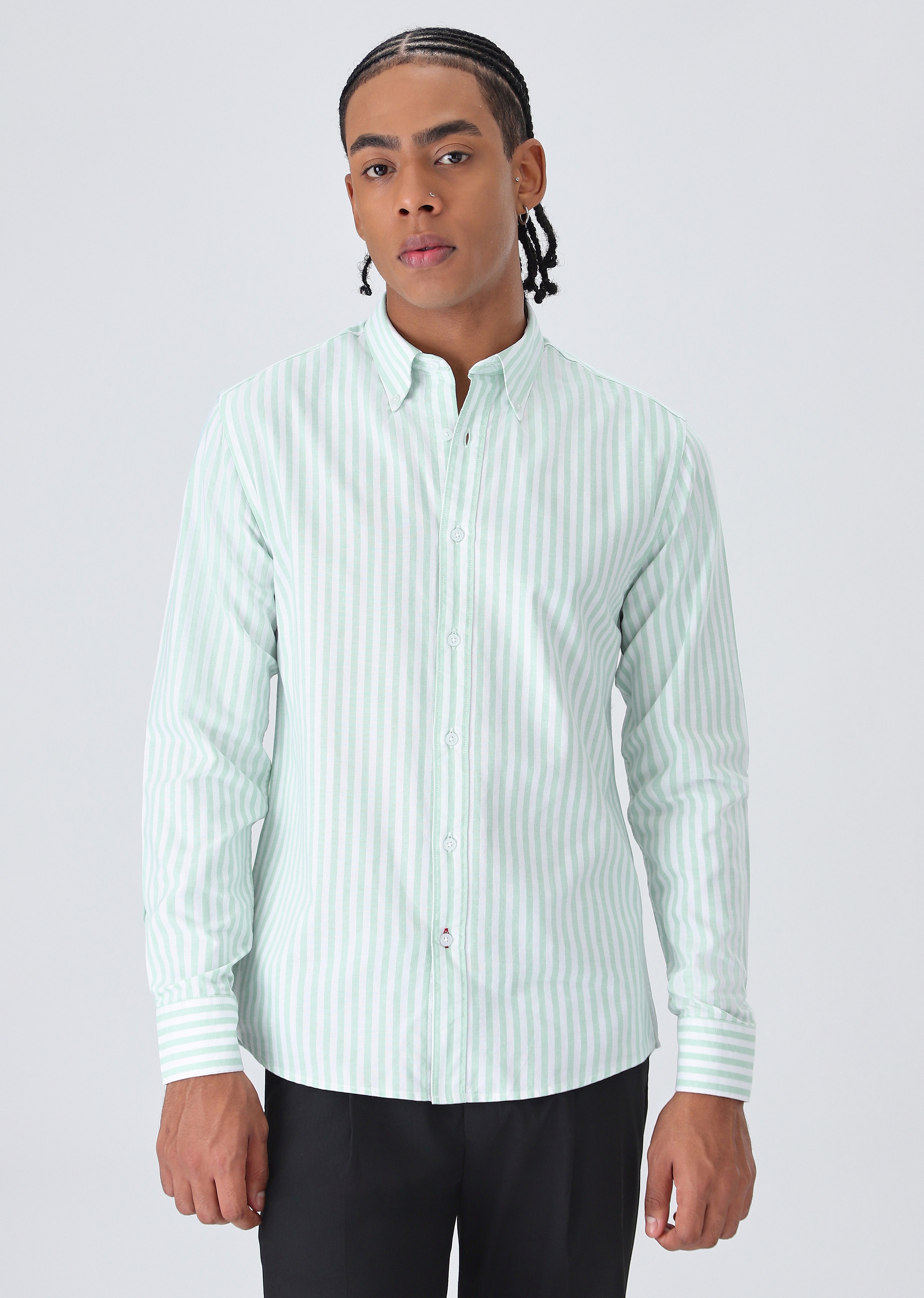 Green Cotton Oxford Stripe Shirt